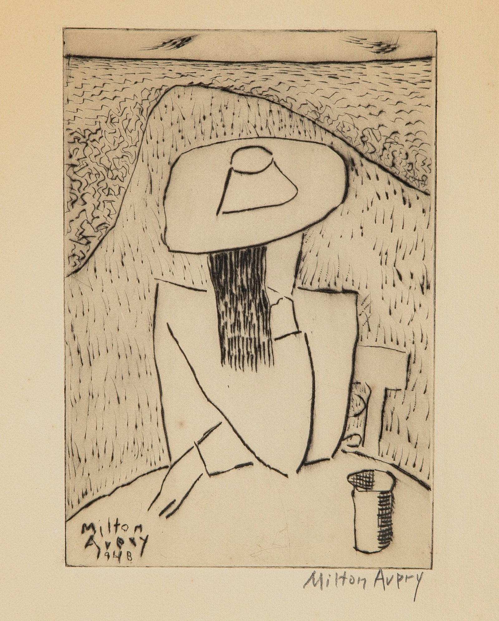 Milton Avery (1885-1965): MARCH AT A TABLE (LUNN 28) Drypoint, 1948, on cream wove paper, signed in pencil, from Laurels Portfolio, No. 4, framed. Plate 8 3/4 x 6 inches (22.2 x 15.2 cm)