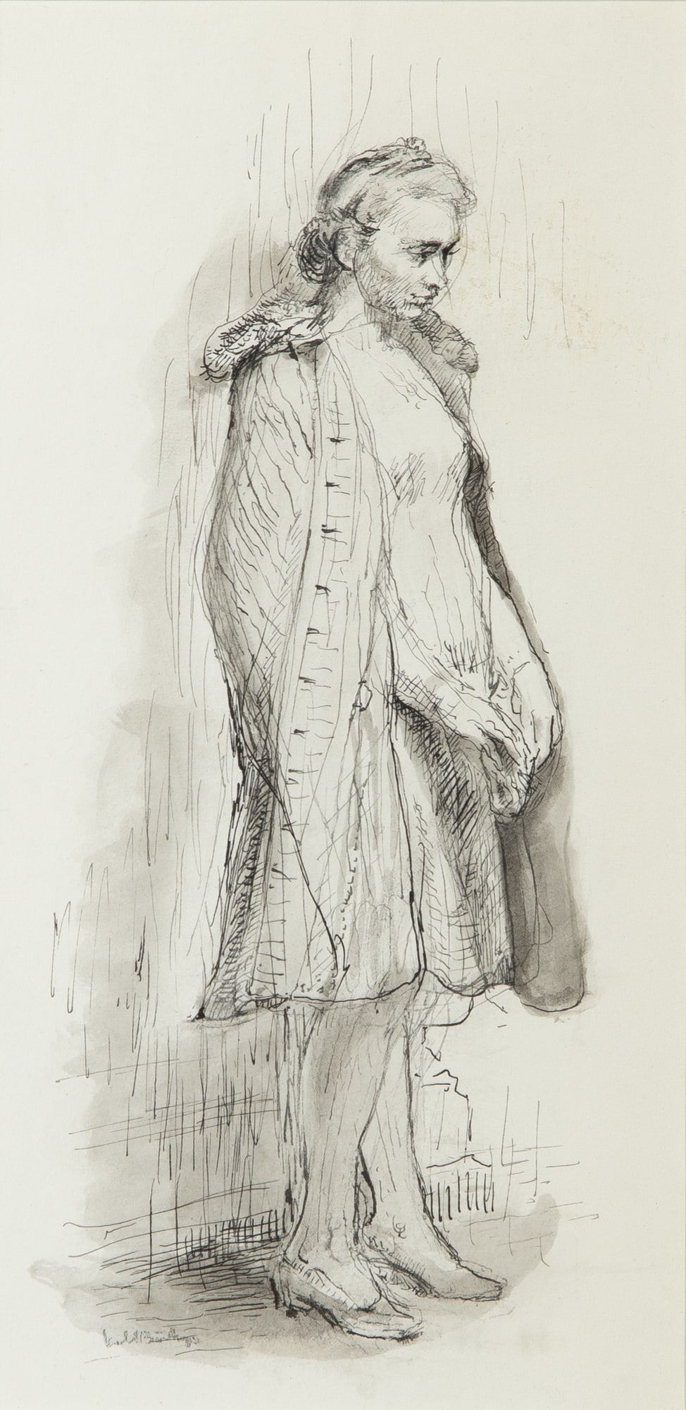 Isabel (Wolff) Bishop: American, 1902-1988 Standing Woman with Open Coat and Figure Sketch: A double-sided work Signed Isabel Bishop (ll) Pen and ink with wash on paper Sheet 13 1/2 x 6 3/4 inches (34.3 x 17.2 cm)