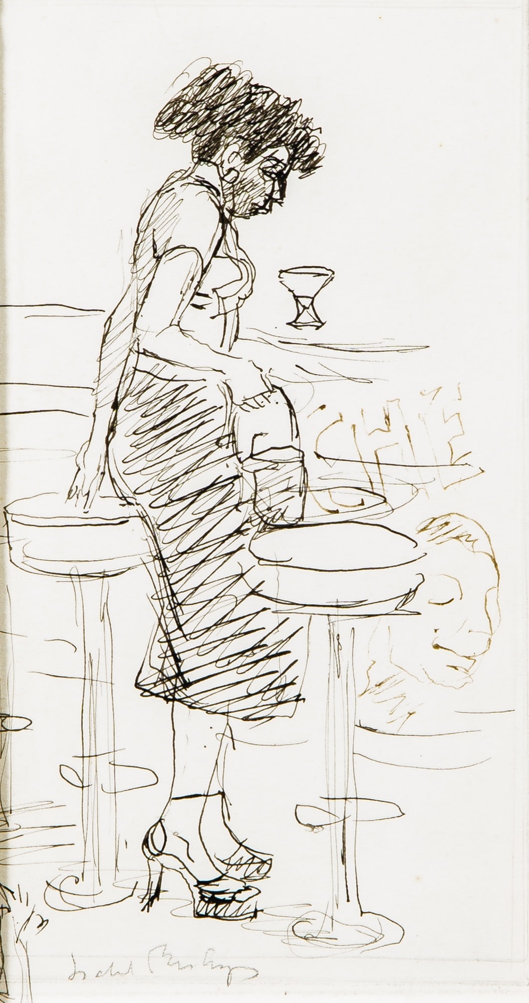 Isabel (Wolff) Bishop: American, 1902-1988 Soda Fountain #3 Signed Isabel Bishop (ll) Ink on paper 8 1/2 x 4 3/8 inches (21.6 x 11.1 cm) Provenance: Midtown Galleries, New York (Framed 13 3/4 x 9 7/8 i