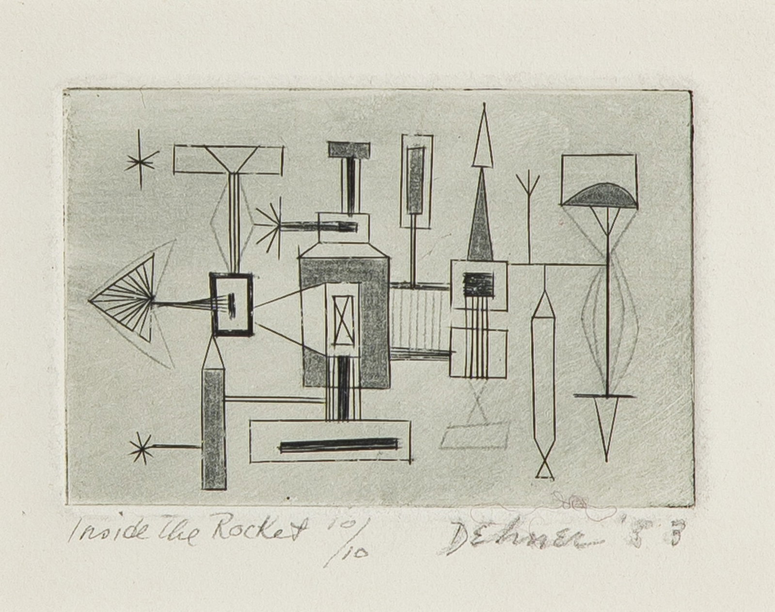 Dorothy Dehner (1901-1994): INSIDE THE ROCKET Engraving with roulette work, 1953, on wove paper, signed, dated, titled and numbered 10/10 in pencil, with good margins, framed. Plate 2 x 3 inches (5.0 x 7.6 cm) Sheet 5 5/8 x 9 3/