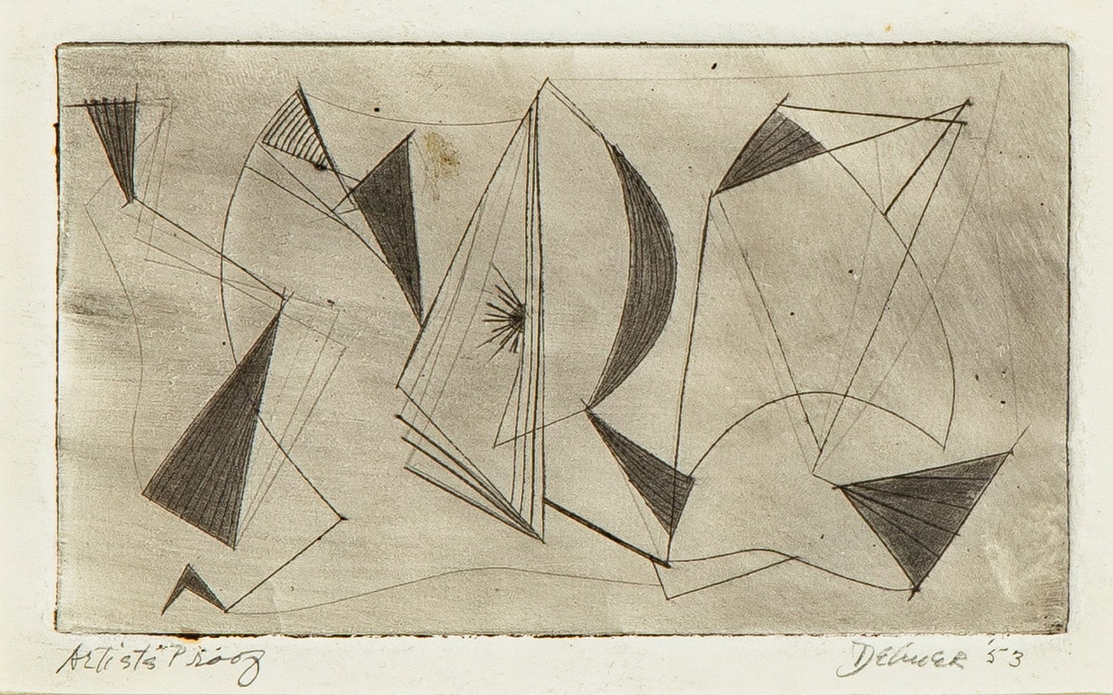 Dorothy Dehner (1901-1994): SAILS Engraving with roulette work, 1953, on wove paper, signed, dated and inscribed Artist's Proof in pencil, aside from the edition of 25, with good margins, framed. Plate 2 7/8 x 4 7/8 inches (7.3 