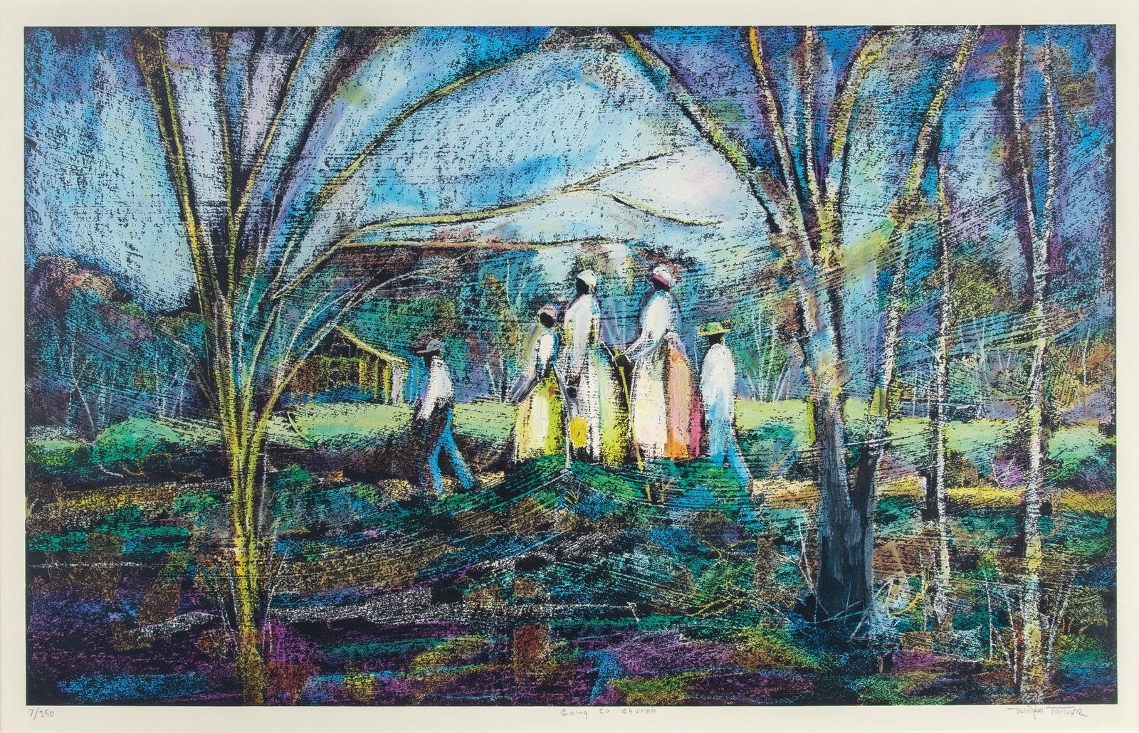 William Tolliver (1951-2000): GOING TO CHURCH Color screenprint, 1987, on Arches paper, signed, titled and numbered 7/350 in pencil, with full margins, framed. Image 22 5/8 x 36 1/4 inches (57.4 x 92.0 cm) Sheet 27 1/4 x 39 3/4 in