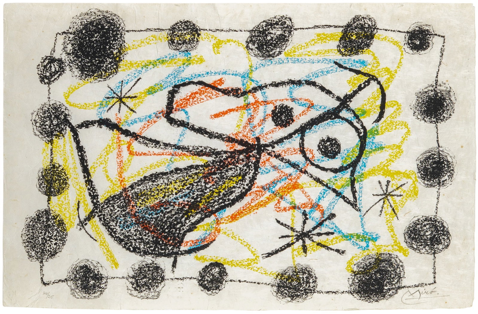 Joan Miró (1893-1983): BOUQUET DE RÊVES POUR NEILA (SEE CRAMER BOOKS 115) Color lithograph, 1967, on Japon nacre paper, signed and numbered 20/25 in pencil, the full sheet, framed. Sheet 12 5/8 x 19 3/4 inches (32.0 x 