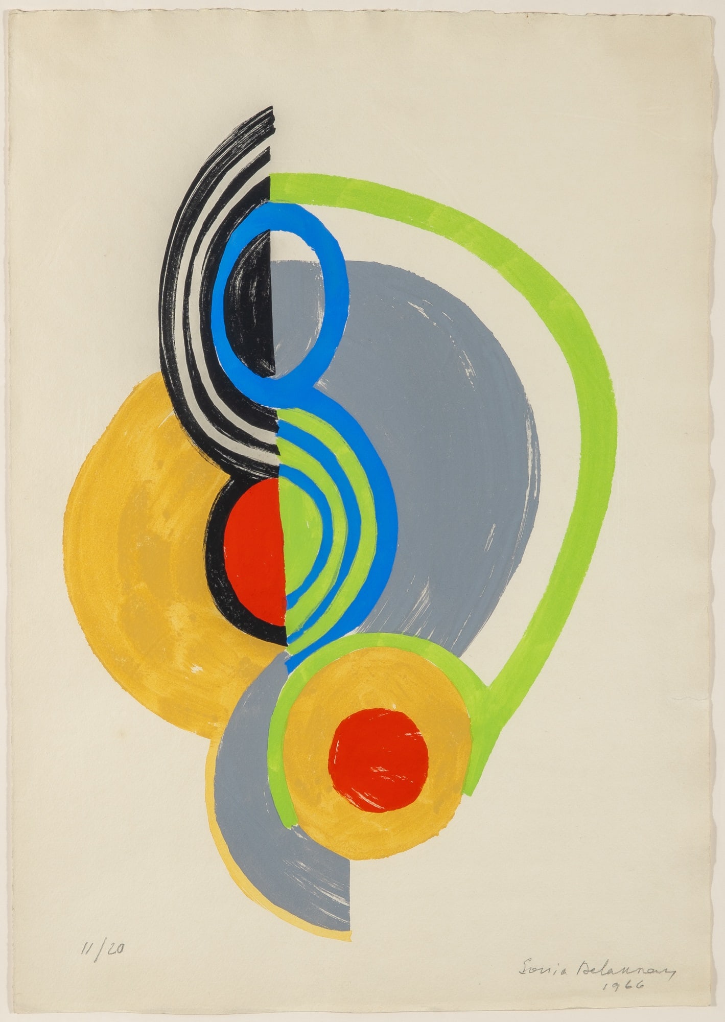 Sonia Delaunay (1885-1979): RYTHME COULEUR Pochoir, 1966, on Richard de Bas paper, signed, dated and numbered 11/20 in pencil, from Jacques Damase's Rythmes-Couleurs, published by Editions de la Galerie Motte, Paris, with full m