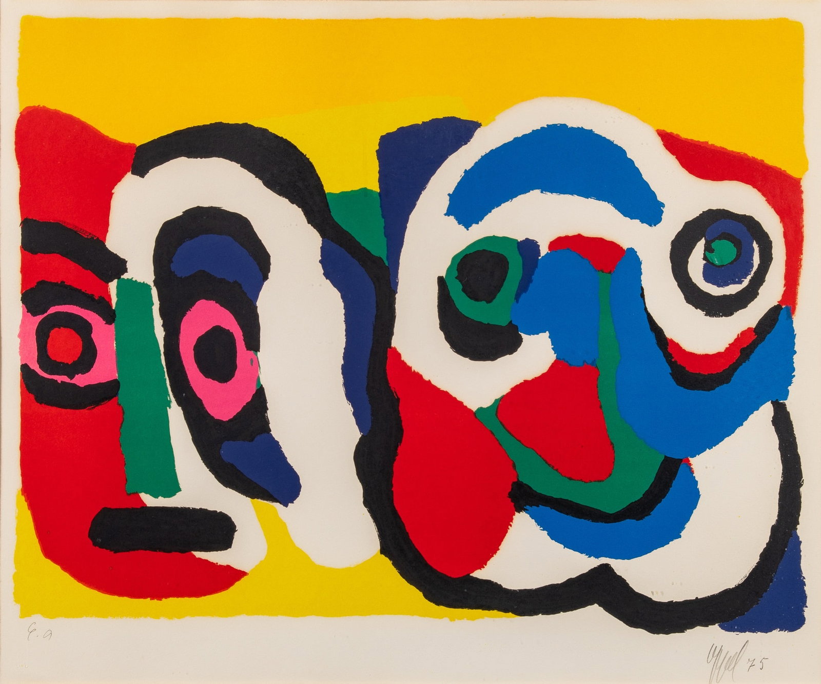 Karel Appel (1921-2006): [COMPOSITION] Color lithograph, 1975, on wove paper, signed, dated and inscribed EA in pencil, with full margins, framed. Image 19 3/4 x 26 1/4 inches (50.1 x 66.6 cm) Frame 30 1/2 x 35 inches (77.4 x