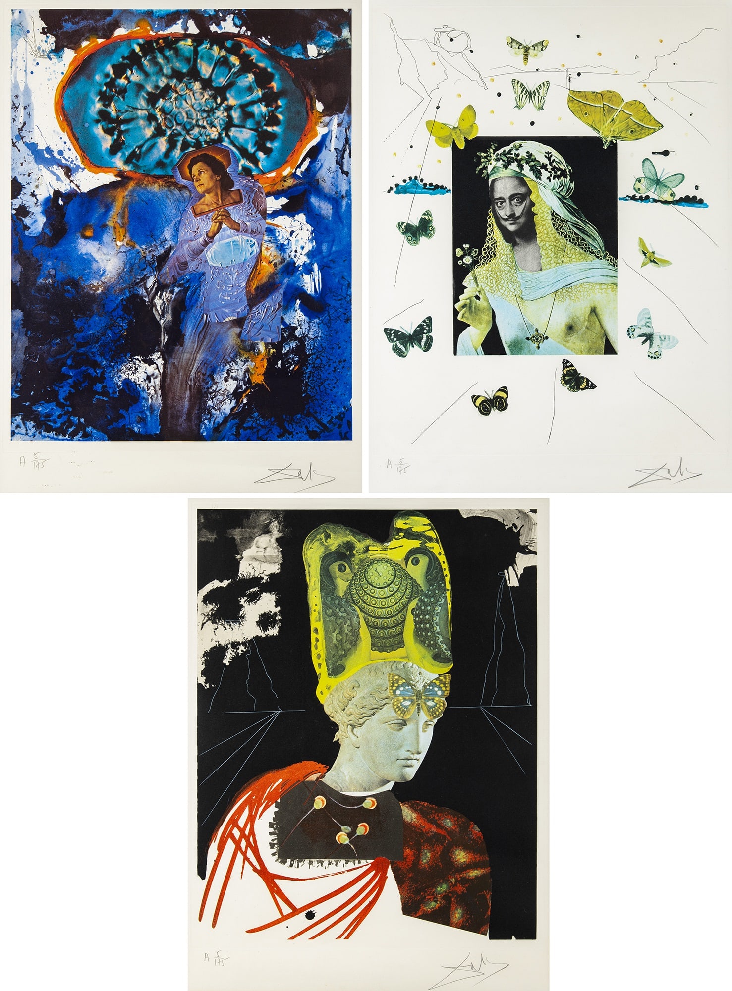 Salvador Dalí (1904-1989): ULTRA SURREALIST CORPUSCULAR GALUTSKA; SURREALISTIC PORTRAIT OF DALI SURROUNDED BY BUTTERFLIES; CRAZY, CRAZY, CRAZY MINERVA (FIELD 71-15 C, G, I) Three color photolithographs, 1971, on Arches paper, s