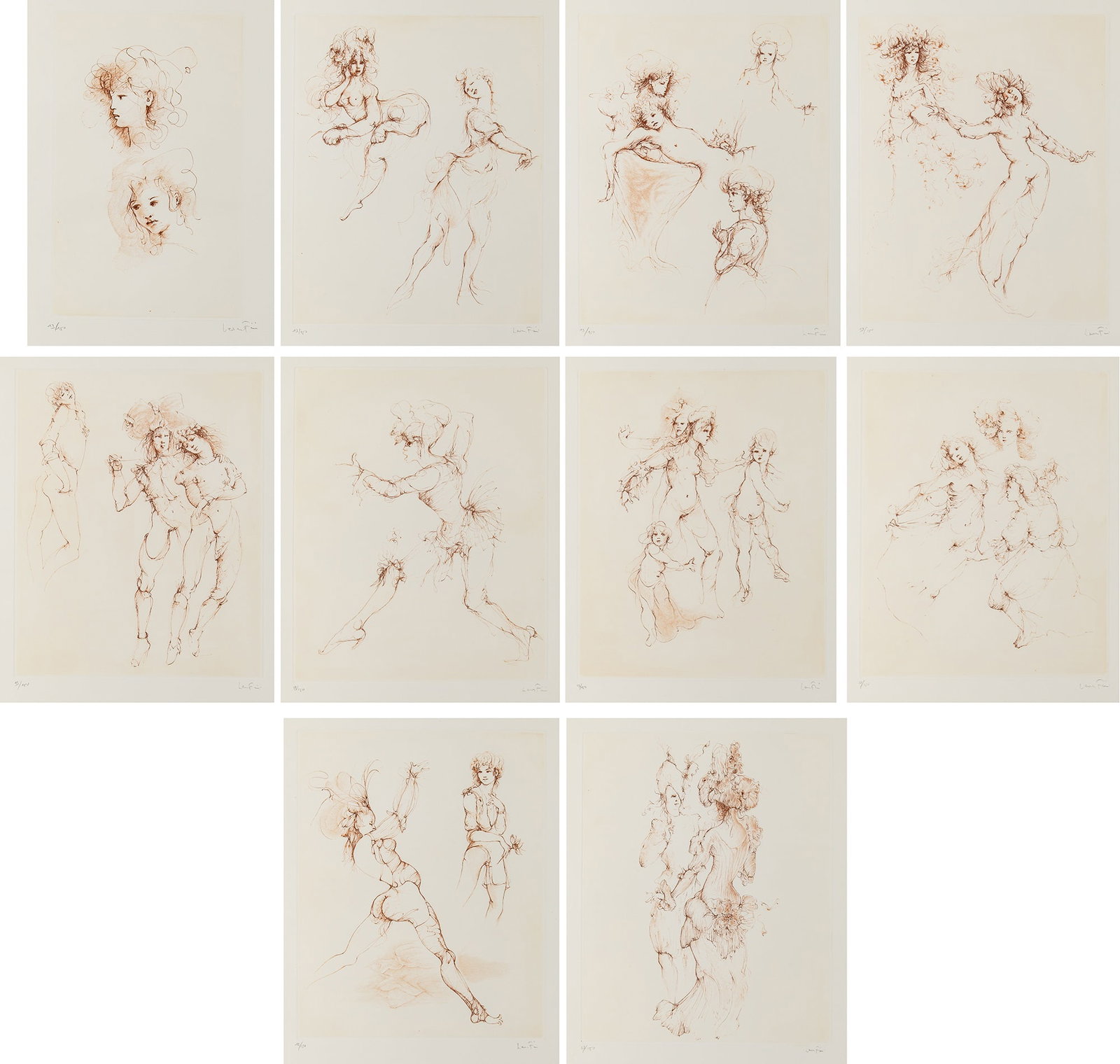 Leonor Fini (1908-1996): REGARDS Complete set of 10 etchings, 1989, on Arches paper, signed and numbered 13/150 in pencil, with the artist's feline blindstamp, with complete text by Juan Baptista Pineiro, the justification si