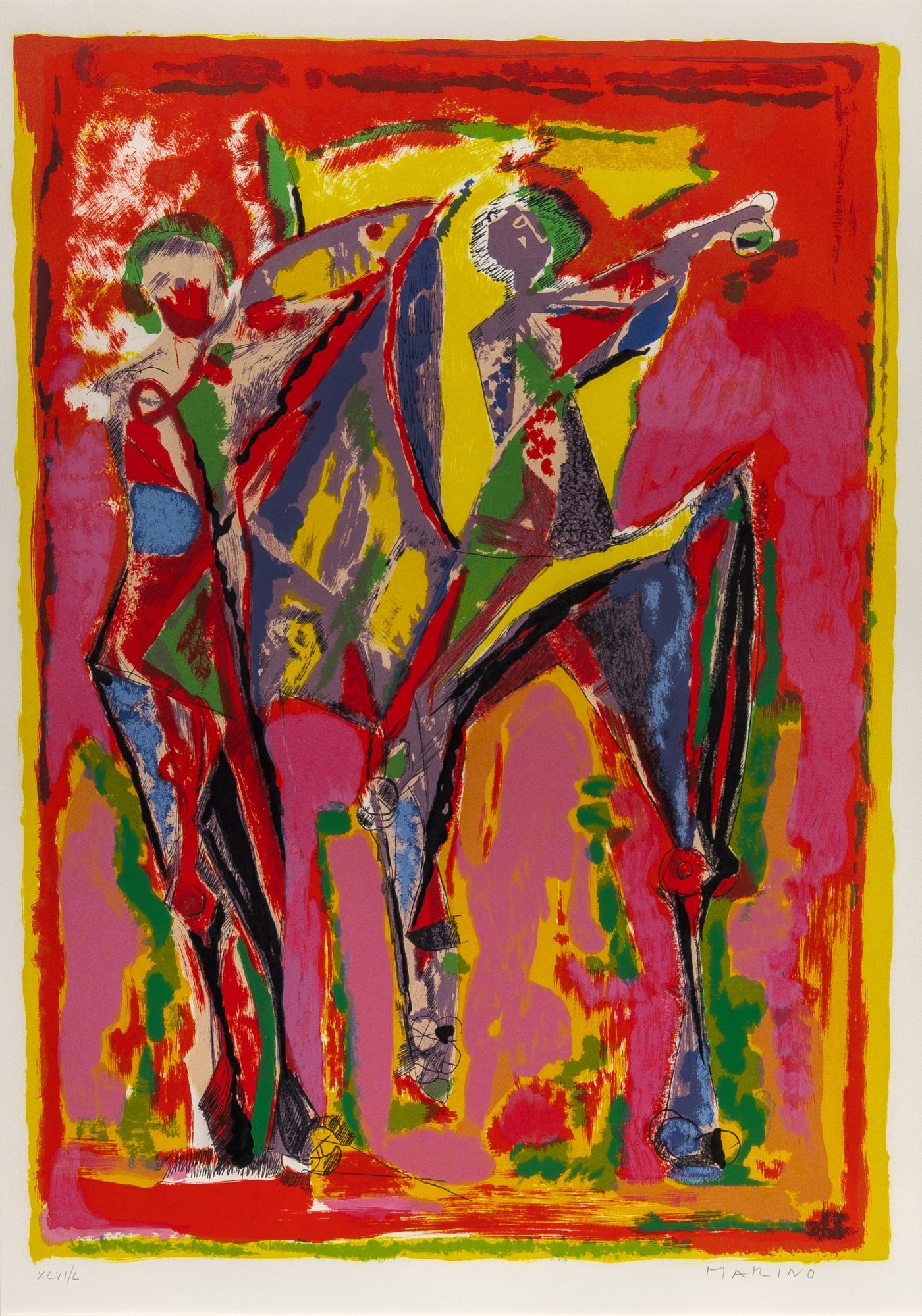 Marino Marini (1901-1980): IMMAGINAZIONE DI COLORE (GUASTALLA L132) Color lithograph, 1979, on Arches paper, signed and numbered XXIC/L in pencil, published by Graphis Arte, Livorno, framed. Image 23 1/2 x 17 inches (59.6 x 43.