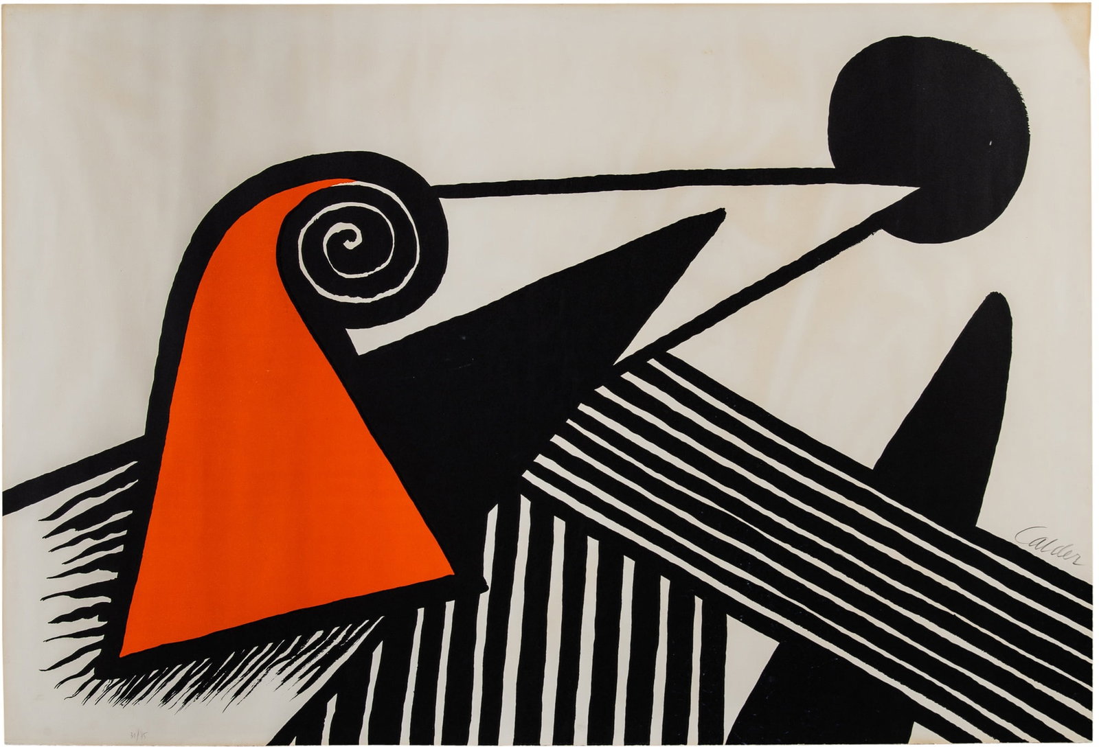 Alexander Calder (1898-1976): BONNET PHRYGIEN ET BARRES DE FEU Color lithograph, 1969, signed and numbered 31/75 in pencil, published by Mourlot, France, framed. Sheet 29 x 42 1/2 inches (73.5 x 107.9 cm) Frame 35 1/2 x 49 1/4 inc