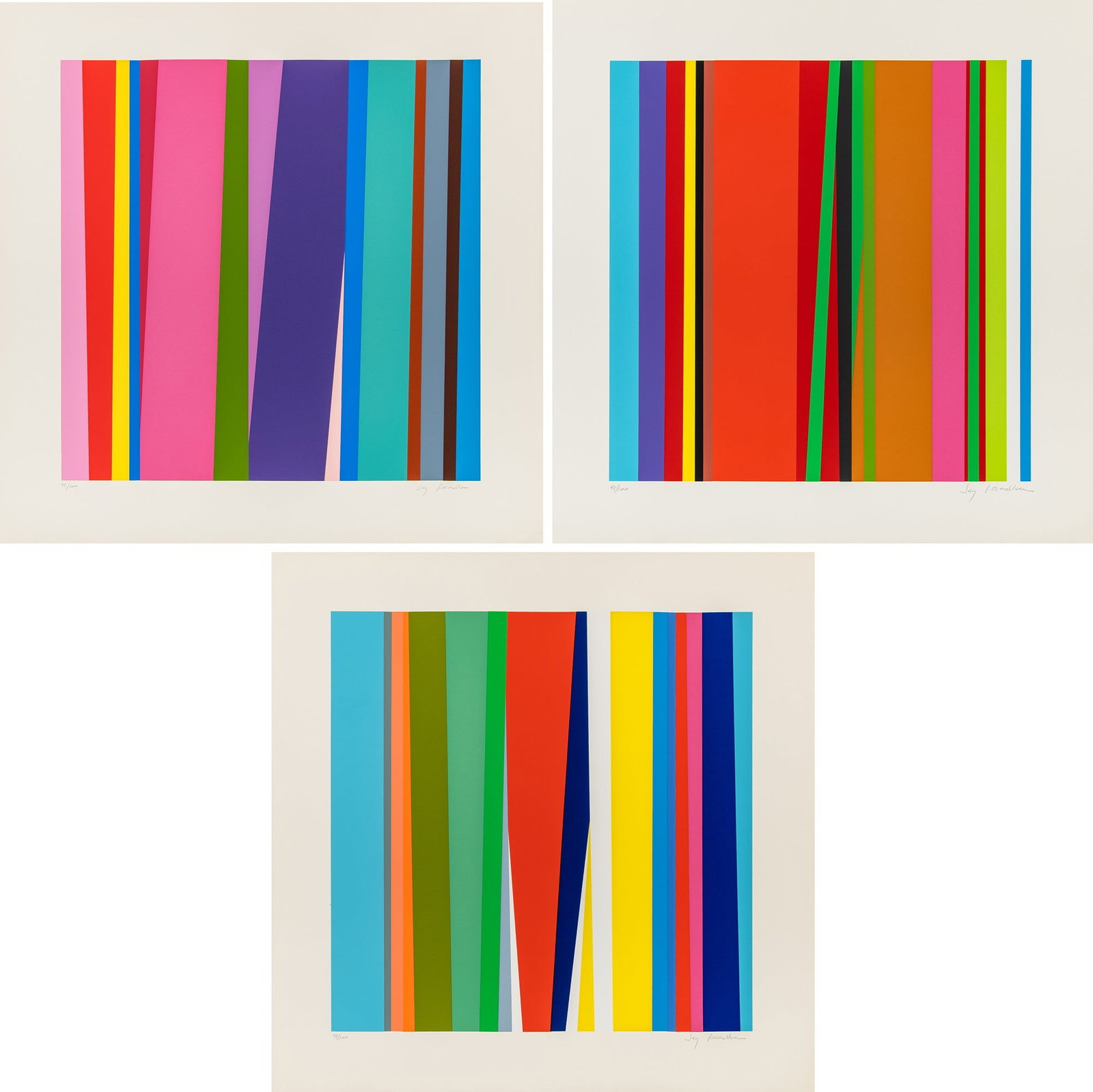 Jay Rosenblum (1933-1989): [COMPOSITIONS] Three color screenprints, on wove paper, signed and numbered 48/100 in pencil, with full margins, unframed. Images 20 x 20 1/8 inches (50.8 x 51.1 cm) Sheets 26 x 26 1/8 inches (66.0 x 