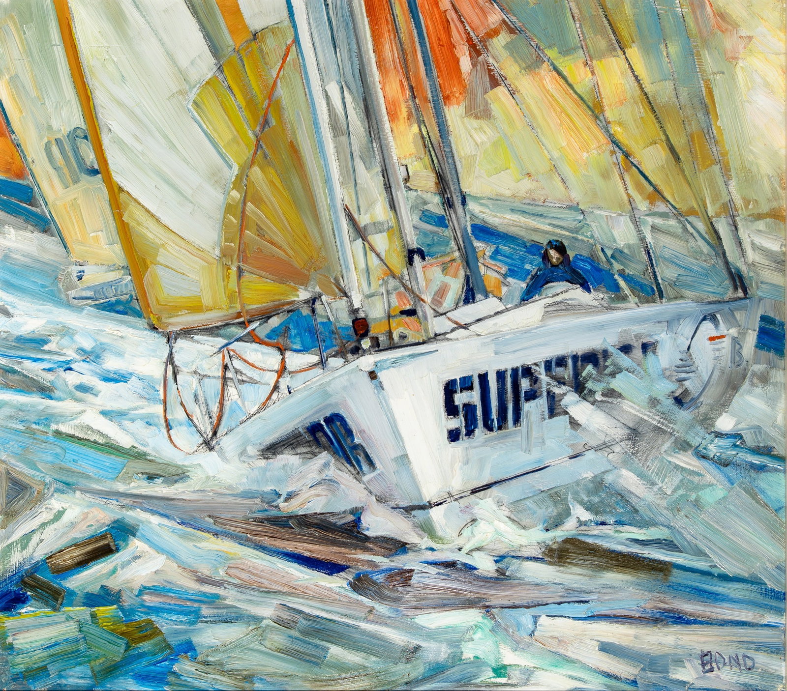 Willard Bond: American, 1926-2012 Superior, Single Handed Around the World Race Signed Bond (lr) and inscribed Superior - BOC on the reverse Oil on panel 36 x 39 3/4 inches (91.4 x 101 cm) Provenance: Mystic