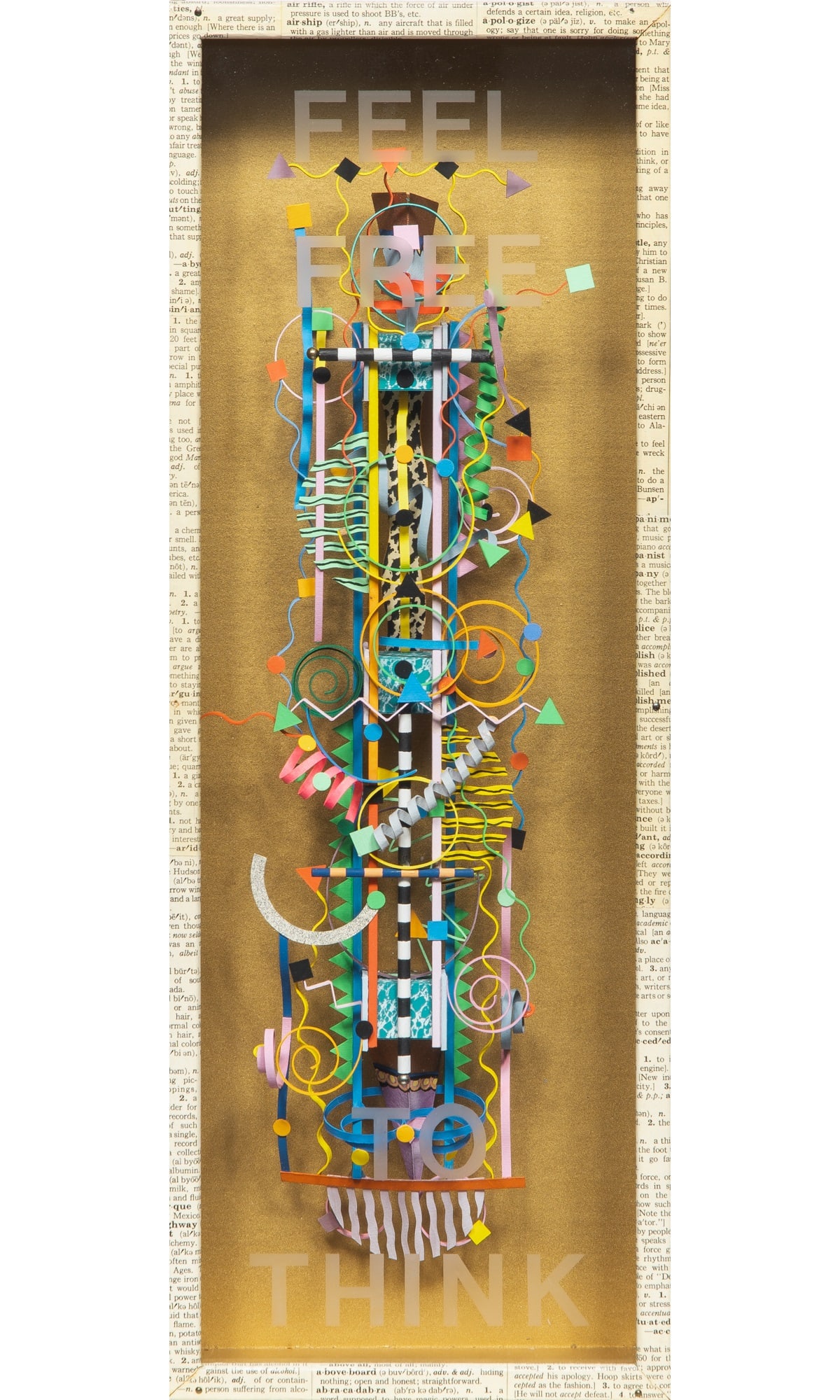 Robert Ramos: American, 20th/21st Century Feel Free to Think, 1992 Signed Robert Ramos on the reverse Gouache and acrylic on paper, wood and board and metallic paint, wood, acid-etched glass and Children's