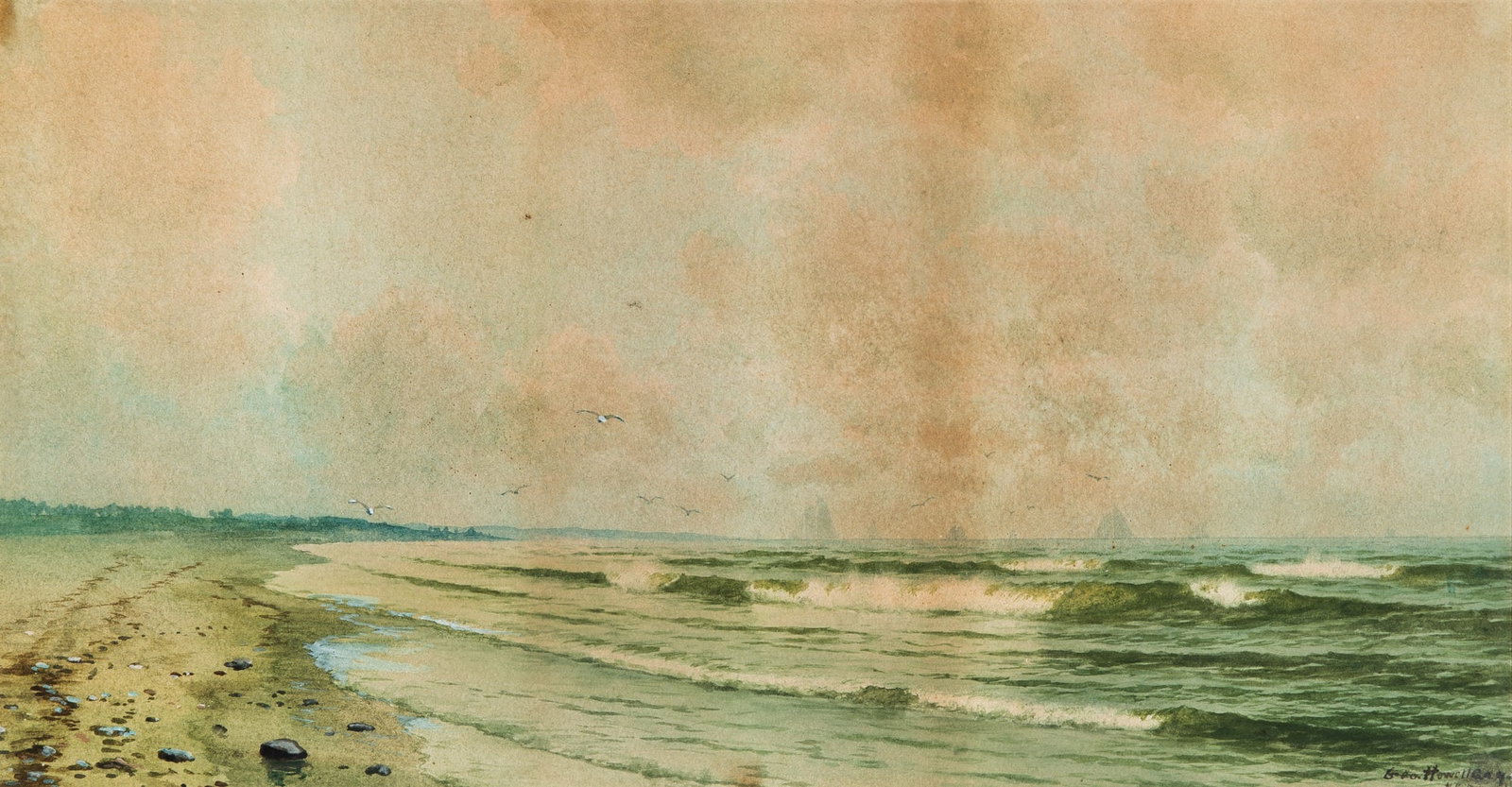 George Howell Gay: American, 1858-1931 Cresting Waves, 1890 Signed and dated Geo. Howell Gay/ NY 1890 (lr) Watercolor on paper 11 1/4 x 21 1/4 inches (28.5 x 54 cm) (18 5/8 x 28 1/4 inches) In poor condition; faded;