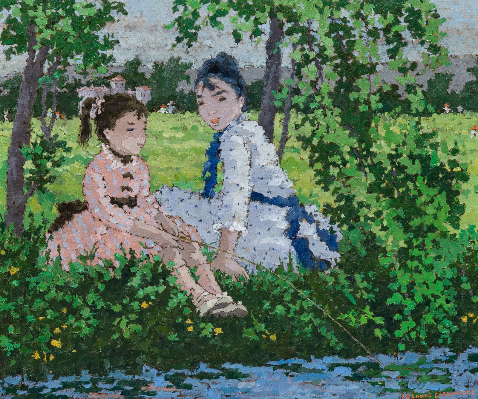 Suzanne Eisendieck: German, 1908-1998 Dimanche à Bougival Signed Suzanne Eisendieck (lr); inscribed as titled on the reverse Oil on canvas 18 1/2 x 21 3/4 inches (46 x 55.2 cm) (Frame 28 1/4 x 32 inches)
