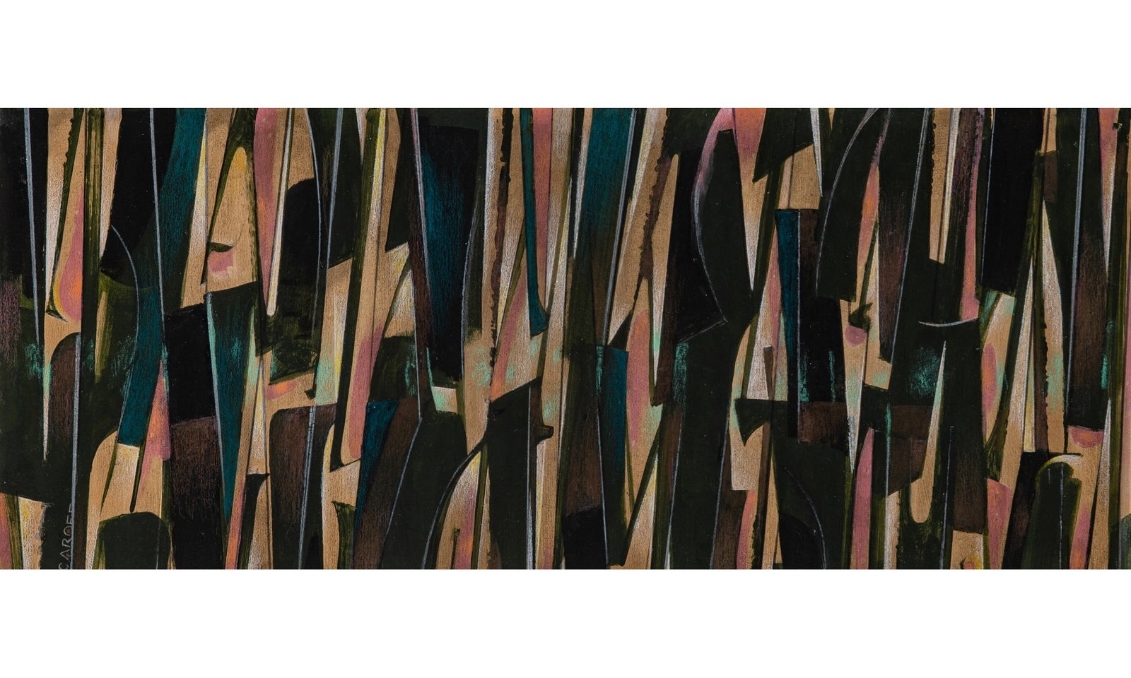 Joe Caroff: American 1921-2025 The Palisades, 2011 Signed Caroff (ll) Acrylic on board Sight 11 1/2 x 27 7/8 inches (29.2 x 70.8 cm) (Framed 17 3/4 x 34 inches)