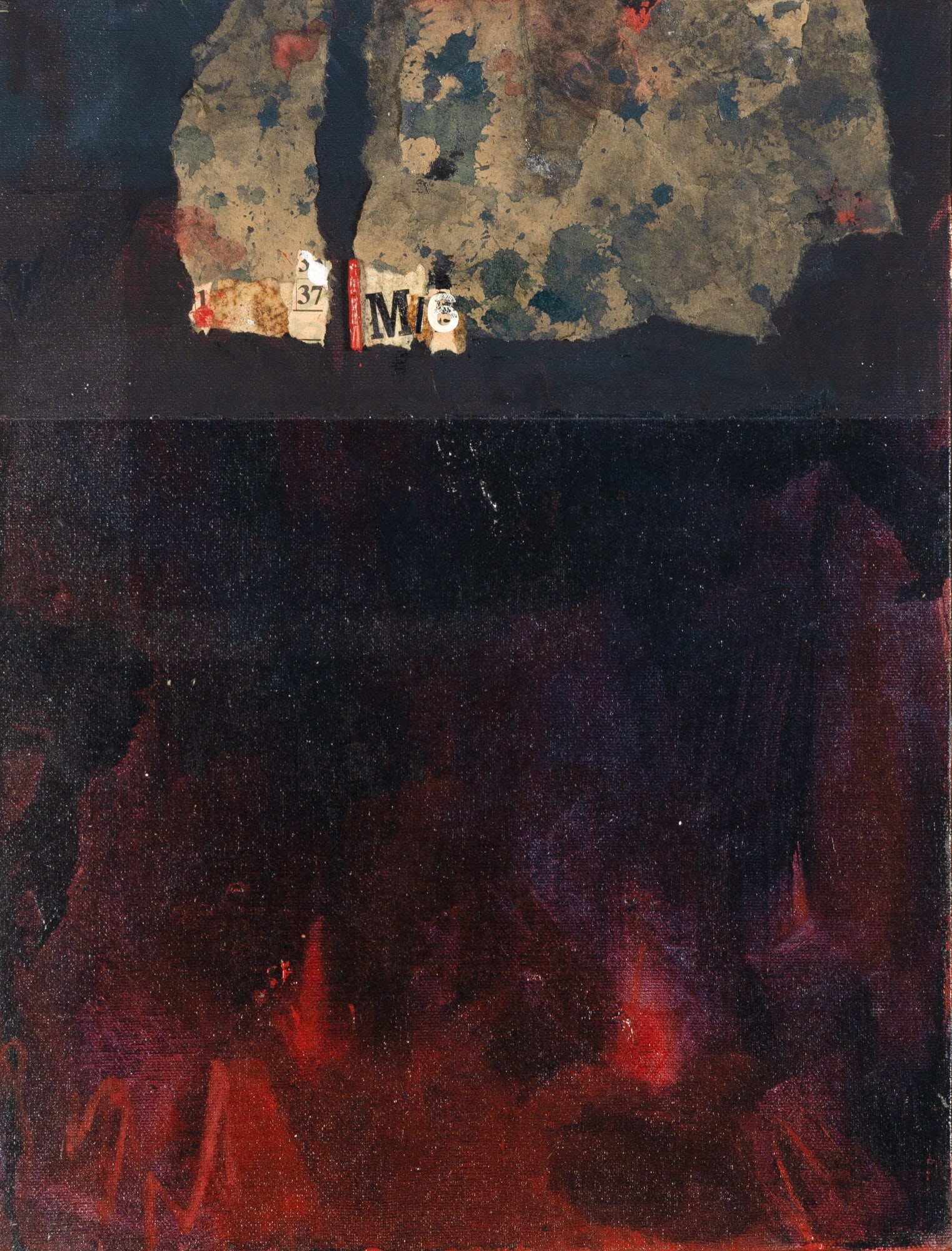 J. Bowyer Bell: American, 1931-2003 I Spy, 1995 Signed Bell, dated 1995, inscribed as titled on the reverse; numbered 595 on the stretcher Oil and collage on canvas 16 x 12 inches (40.6 x 30.5 cm)