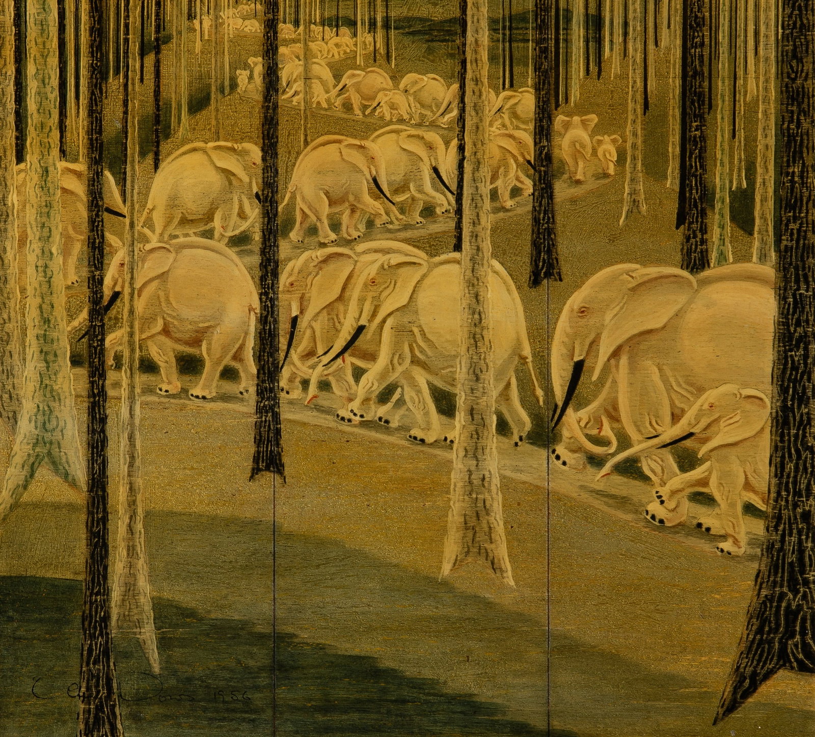 20th Century School: The Elephant March, 1956 Signed indistinctly ...Dowd and dated 1956 (ll)| Mixed media on panel Sight 12 3/8 x 13 3/8 inches (31.4 x 34 cm) (Frame 19 3/4 x 20 3/4 inches)