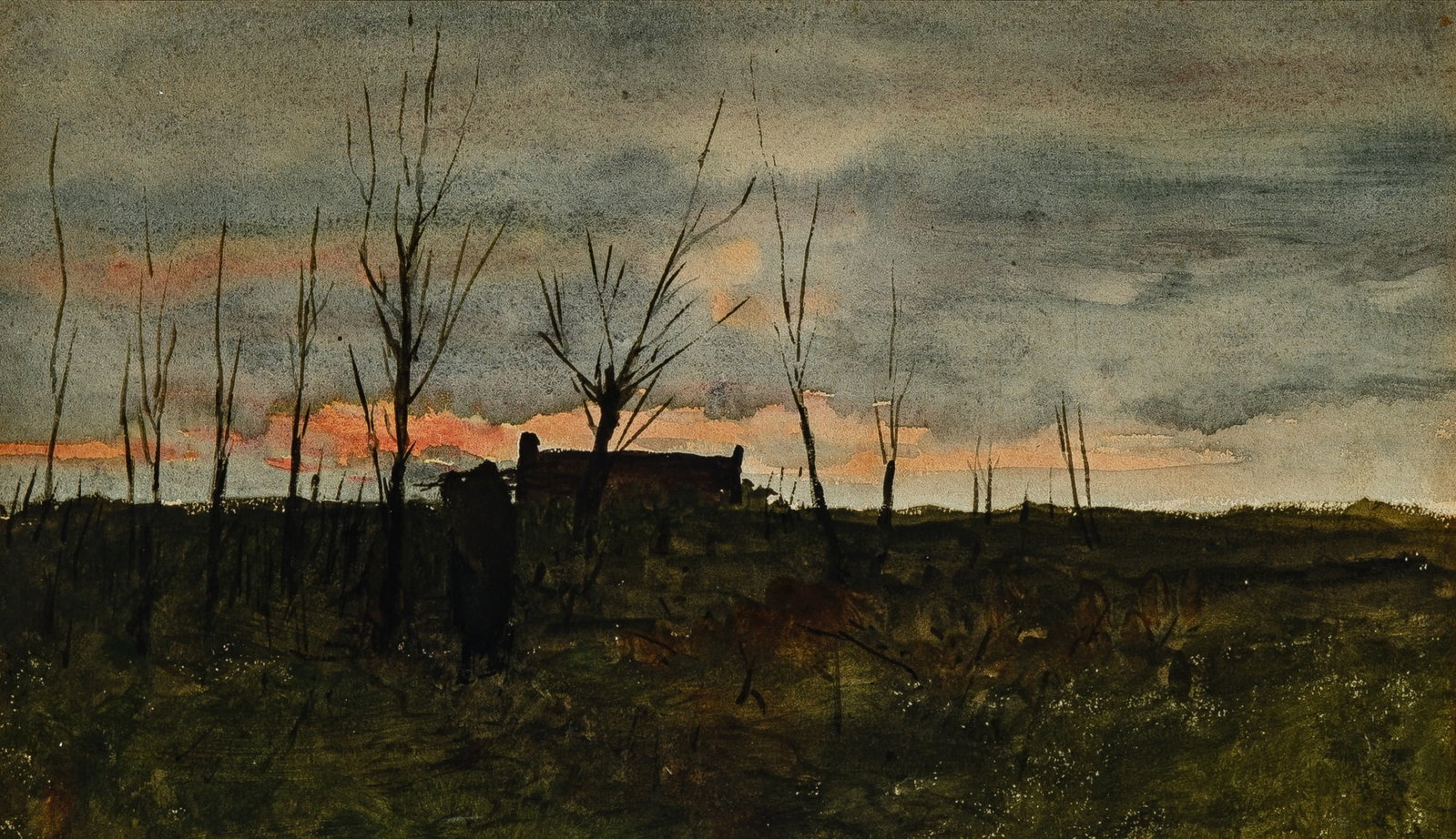 Petrus van der Velden: Dutch, 1837-1913 Twilight Watercolor on paper Sight 7 7/8 x 13 1/8 inches (20 x 33.3 cm) (Frame 15 x 19 7/8 inches)