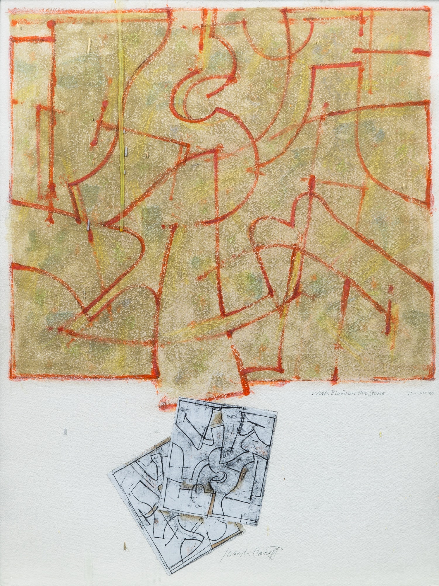 Joe Caroff: American, 1921-2025 With Blood on the Stone, 1999 Signed Joseph Caroff (lc); dated and inscribed as titled (cr) Collage and mixed media on paper Sight 29 x 22 inches (73.7 x 55.9 cm) (Framed 30 x 23