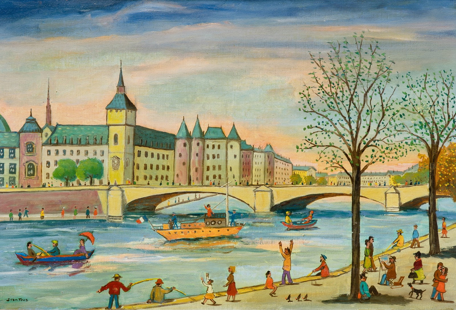 Jean Fous: French, 1901-1971 La conciergerie et le pont au change Signed Jean Fous (ll); inscribed as titled on the reverse Oil on canvas 15 x 21 3/4 inches (38.1 x 55.2 cm) (Framed 24 x 30 1/2 x 2 1/4 inches)
