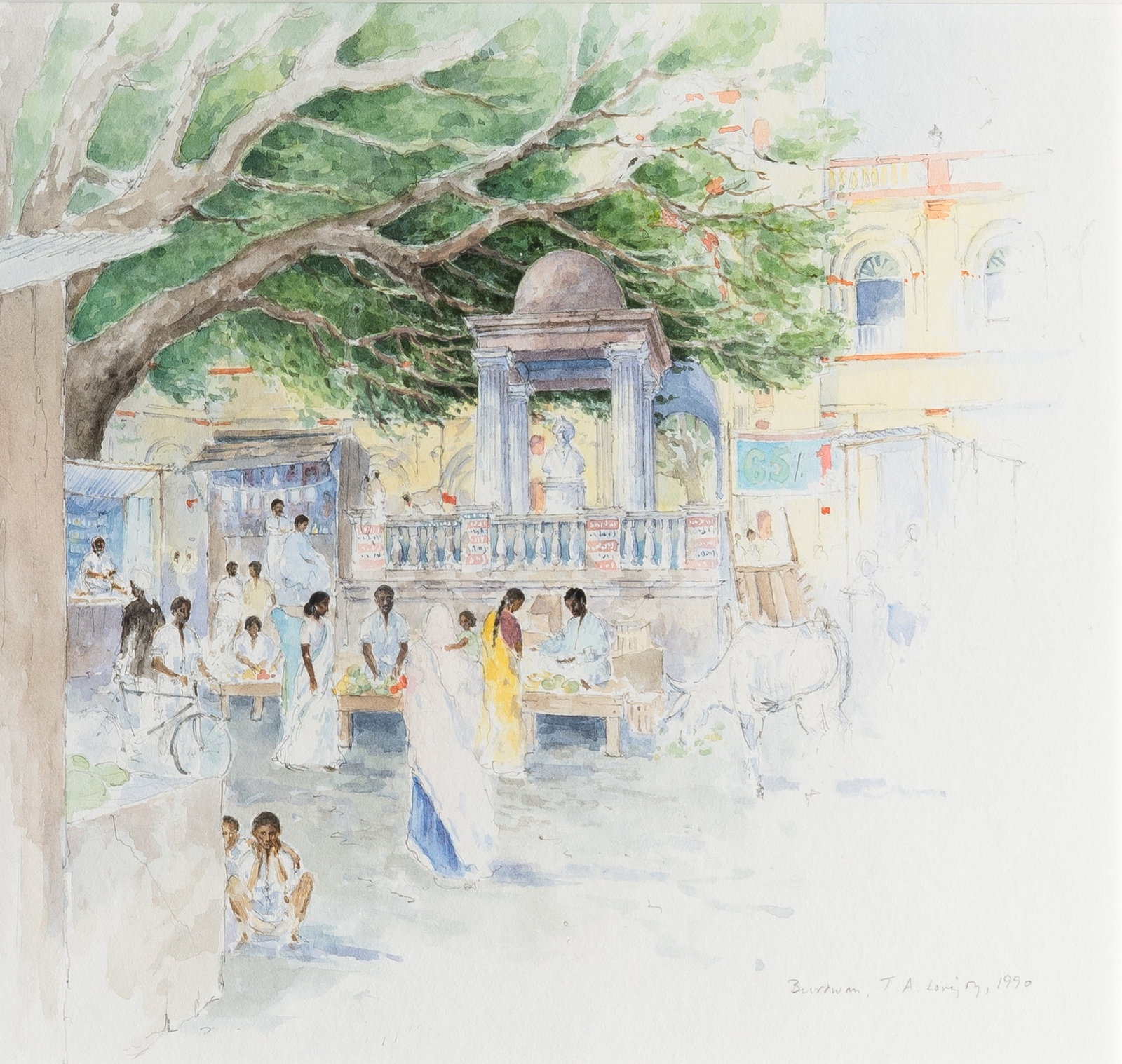 Tim Lovejoy: American, b. 1943 The Market Square in front of That Maharana of Burdwan's Palace, Burdwan, 1990 Signed, dated, and inscribed Burdwan T.A. Lovejoy, 1990 (lr) Watercolor and graphite on paper Sight 12