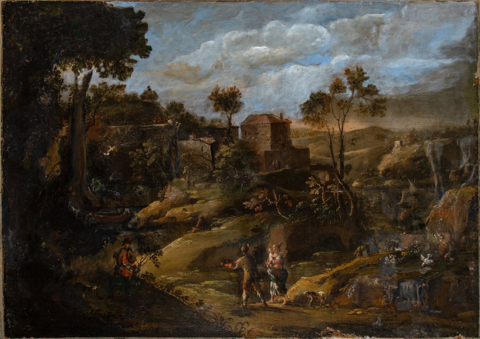 Attributed to Gaspard Dughet: Travelers on a Road in an Italian Landscape, a Town in the Middle Distance Oil on canvas 49 x 69 inches (124.5 x 175.3 cm) Unframed Glue relined. Scattered areas of restoration.