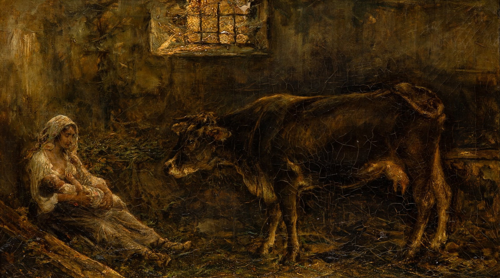Juan Pablo Salinas y Teruel: Spanish, 1871-1947 Mother and Child in a Barn Signed Pablo Salinas (lr) Oil on canvas 15 1/4 x 24 1/2 inches (38.7 x 62.2 cm) (Frame 23 x 34 x 3 1/2 inches) Paint loss and flaking, particularly at