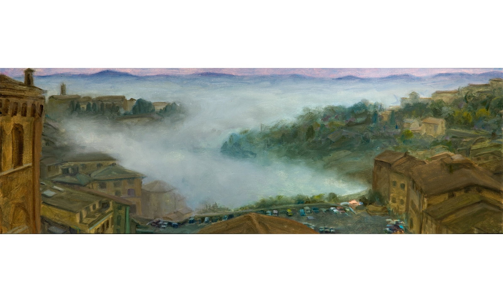 Louise Hamlin: American, b. 1949 Untitled (View from Above) Signed Hamlin (lr) Oil on canvasboard 8 1/2 x 24 inches (21.6 x 61 cm) (Frame 9 1/2 x 25 inches) In overall good condition