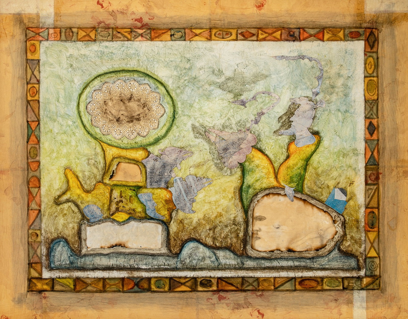 Bernard Berthois-Rigal: French, b. 1927 La déchirure en le jardin, 1992 Signed and dated Berthois-Rigal / 1992 and inscribed as titled on the reverse Mixed media collage on canvas 39 1/2 x 50 1/2 inches (100.3 x 128