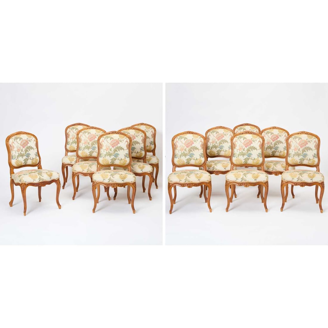 Set of Twelve Louis XV Style Carved Beechwood Dining Chairs: 20th century Height 37 inches, width 21 inches, depth 19 1/4 inches