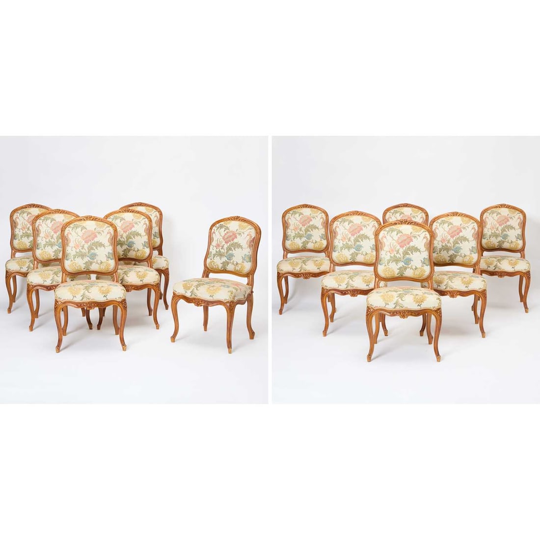 Set of Twelve Louis XV Style Carved Beechwood Dining Chairs: 20th century Height 37 inches, width 21 inches, depth 19 1/4 inches