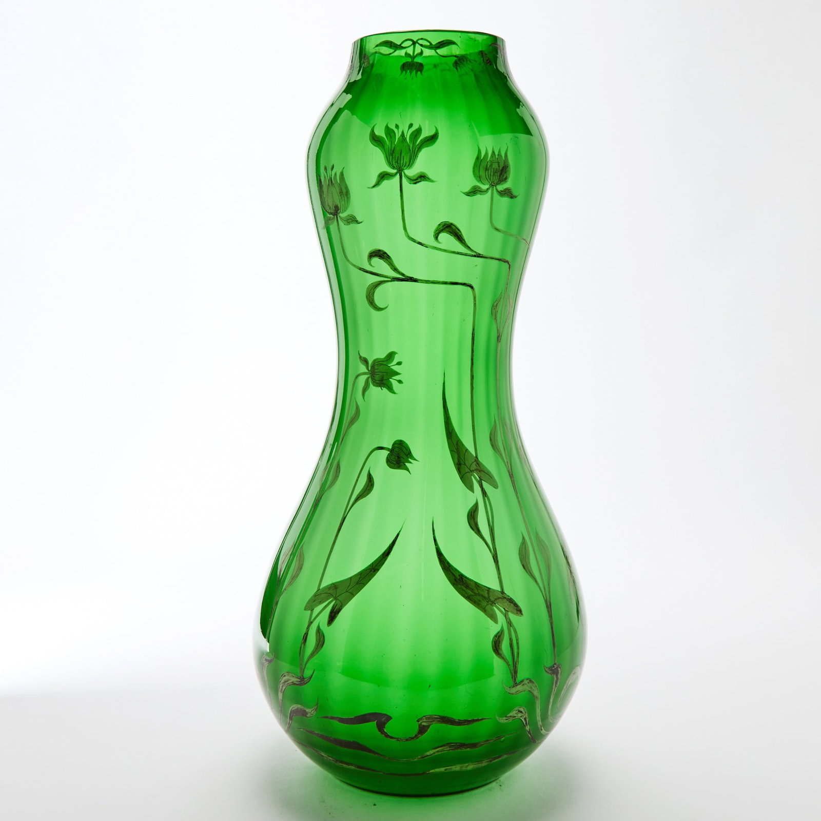 French Art Nouveau Silver Overlay Molded Green Glass Vase (1 of 5)