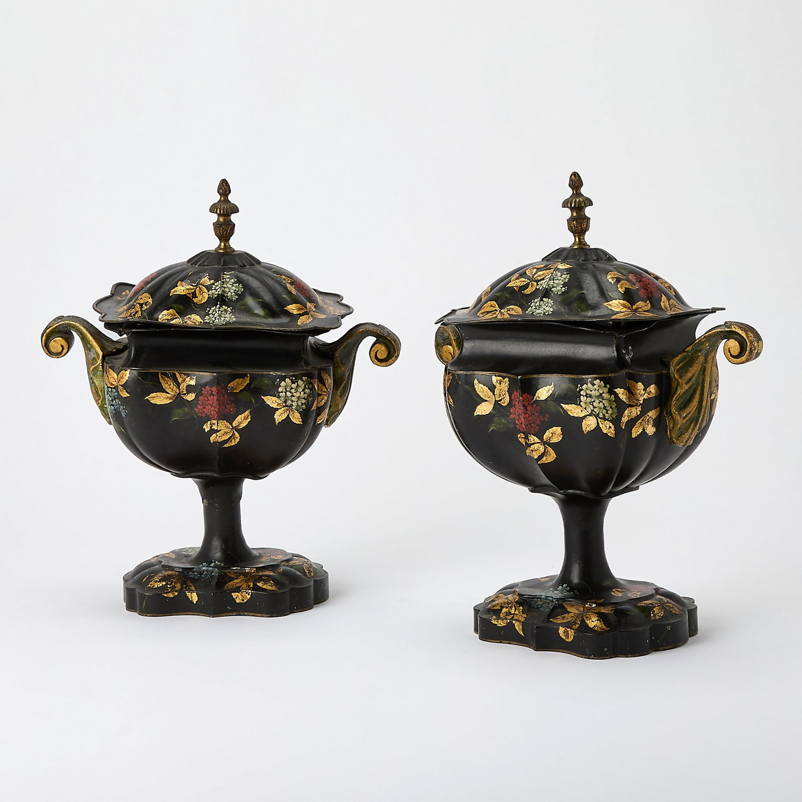 Pair of Victorian Painted Tôle Chestnut Urns With Covers (1 of 6)