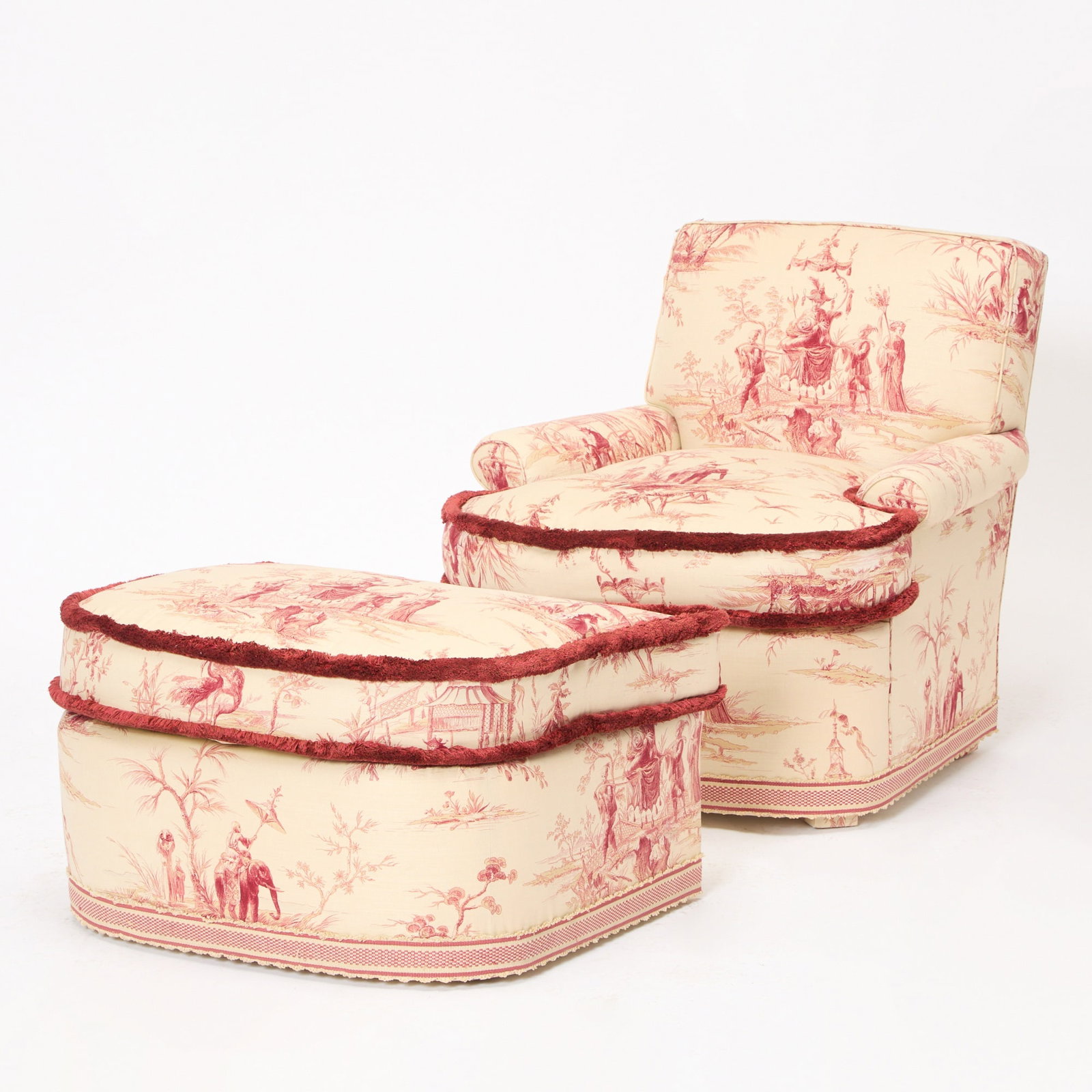 Red Toile Upholstered Club Chair and Ottoman (1 of 7)