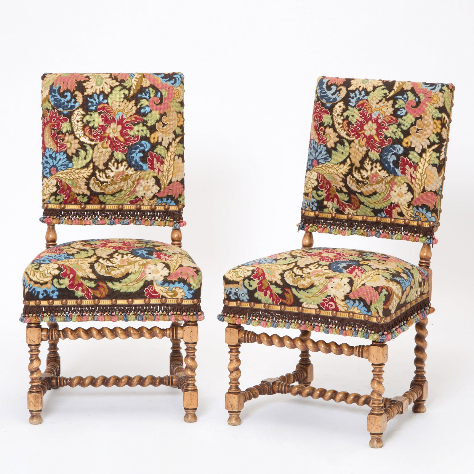 Pair of Louis XIV Style Carved Walnut Needlepoint Upholstered Dining Chairs (1 of 5)