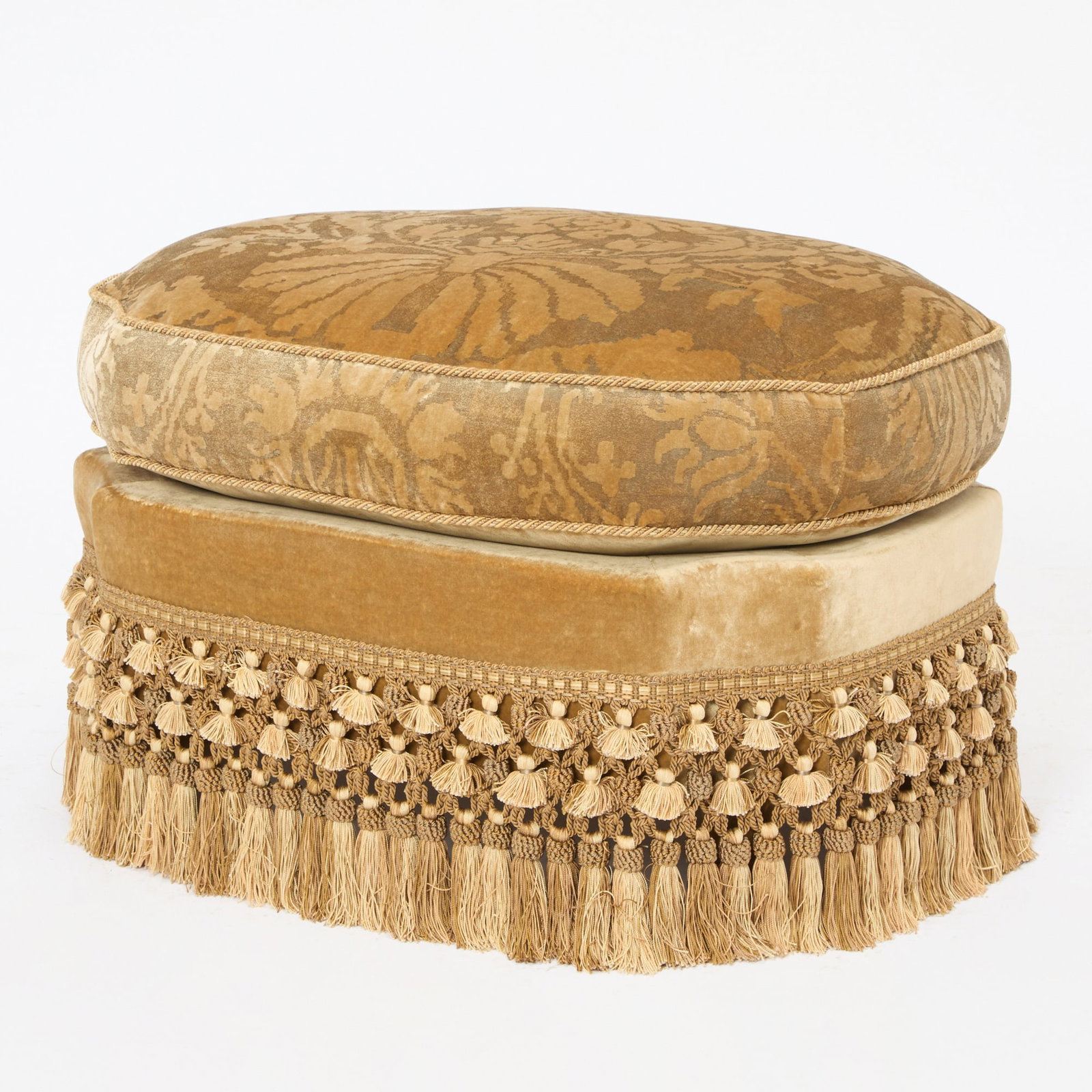 Upholstered Fringed Green/Beige Ottoman (1 of 4)