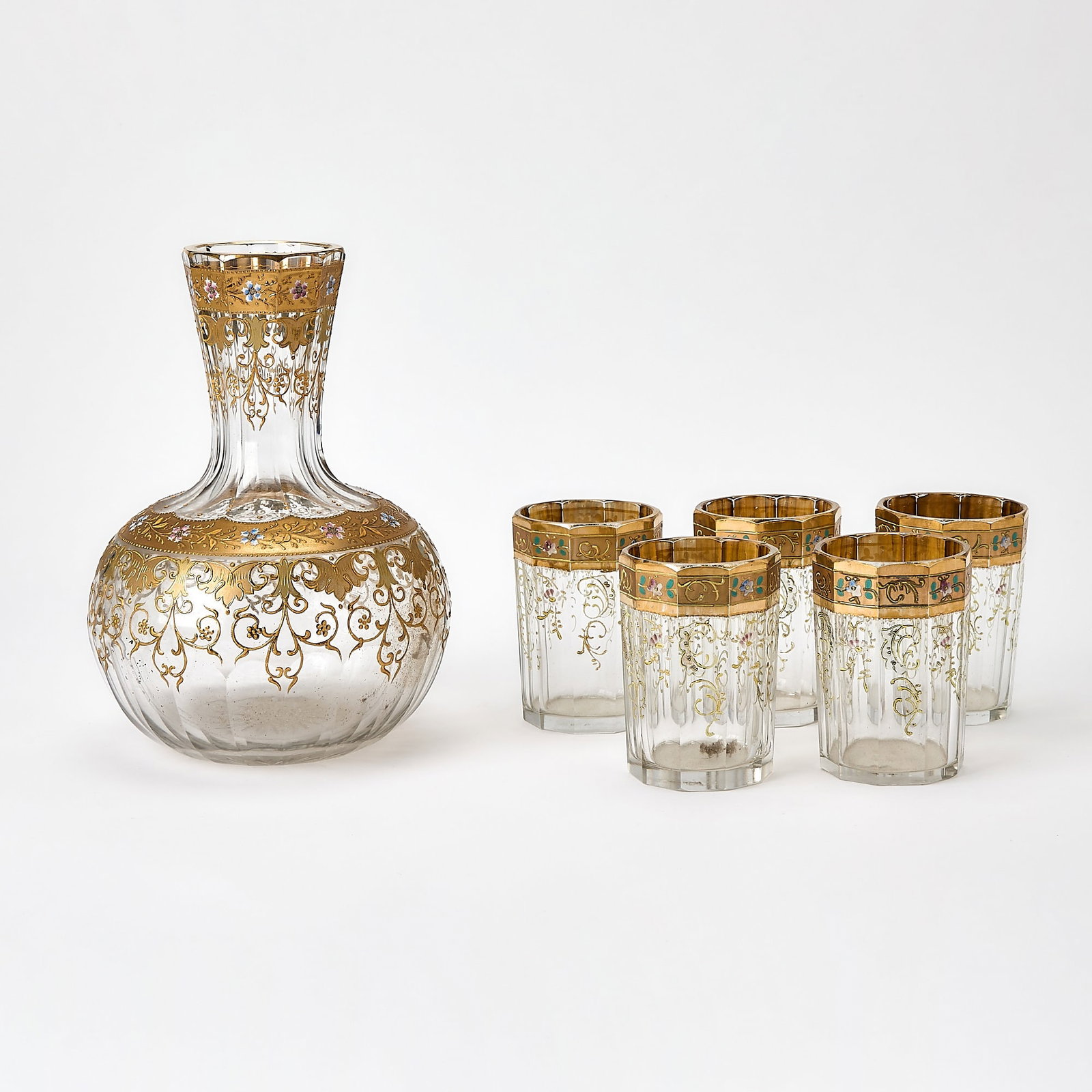 Bohemian Gilt and Enameled Blown Glass Carafe and Five Tumblers (1 of 4)