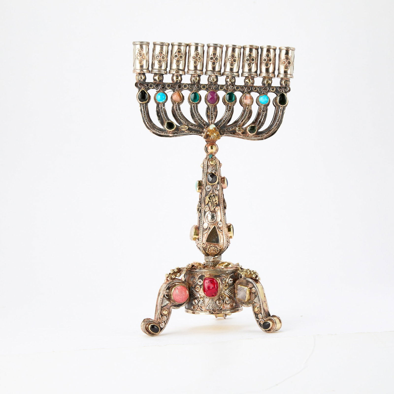 Silvered Copper Menorah Inset With Colored Stones: Height 13 1/4 inches, width 17 1/2 inches