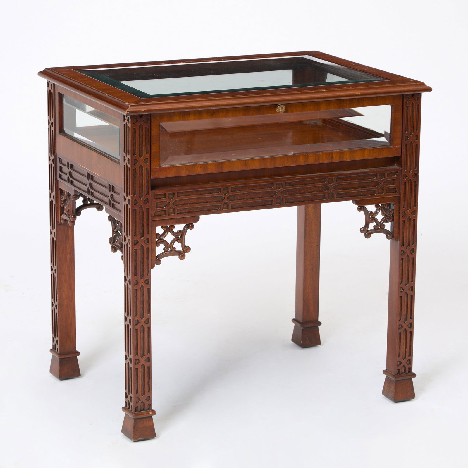 Maitland-Smith Chippendale Style Mahogany Vitrine Table: Height 24 inches, width 23 inches, depth 17 1/2 inches