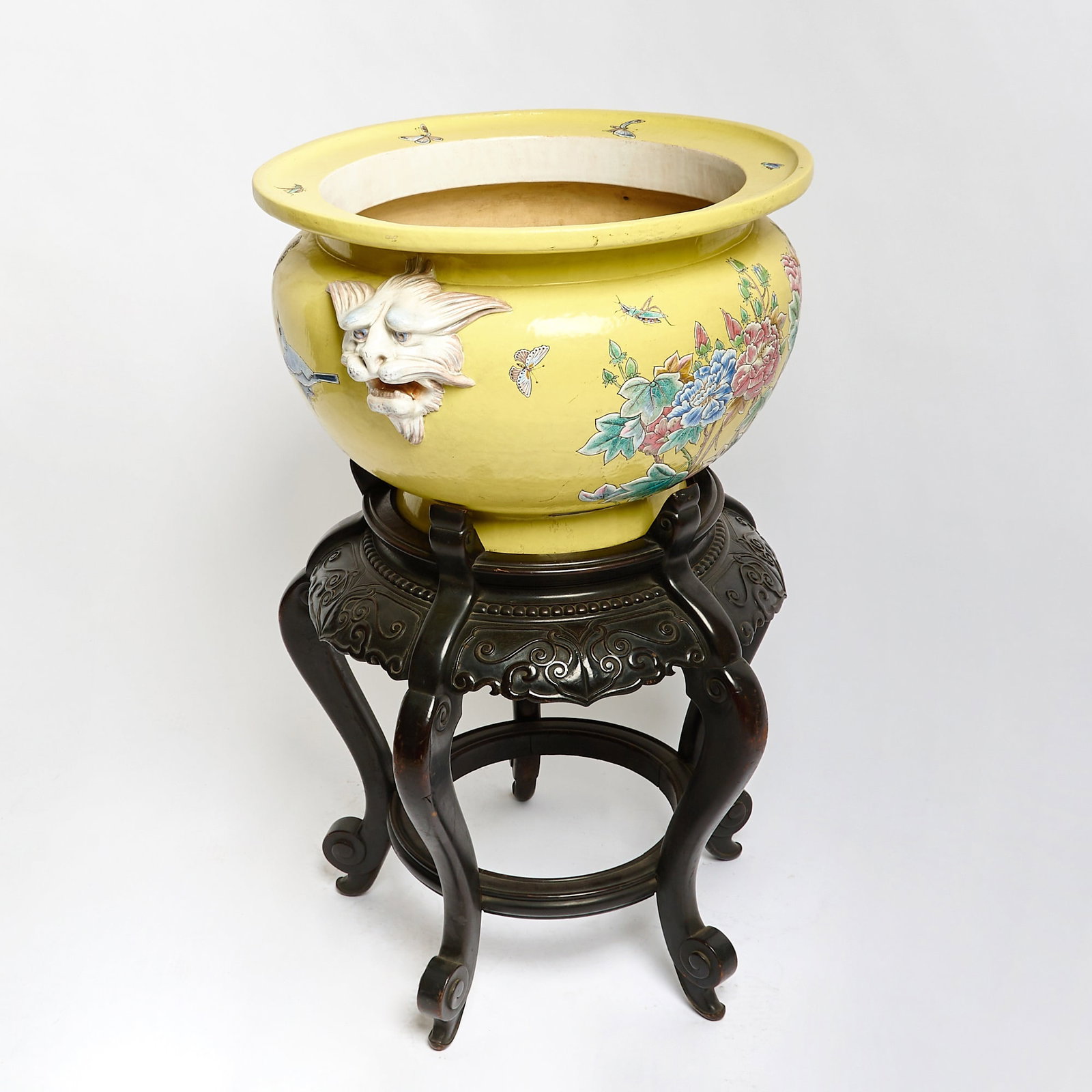 French Yellow Ground Porcelain/Ceramic Jardiniere Together with a Chinese Hardwood Stand (1 of 6)