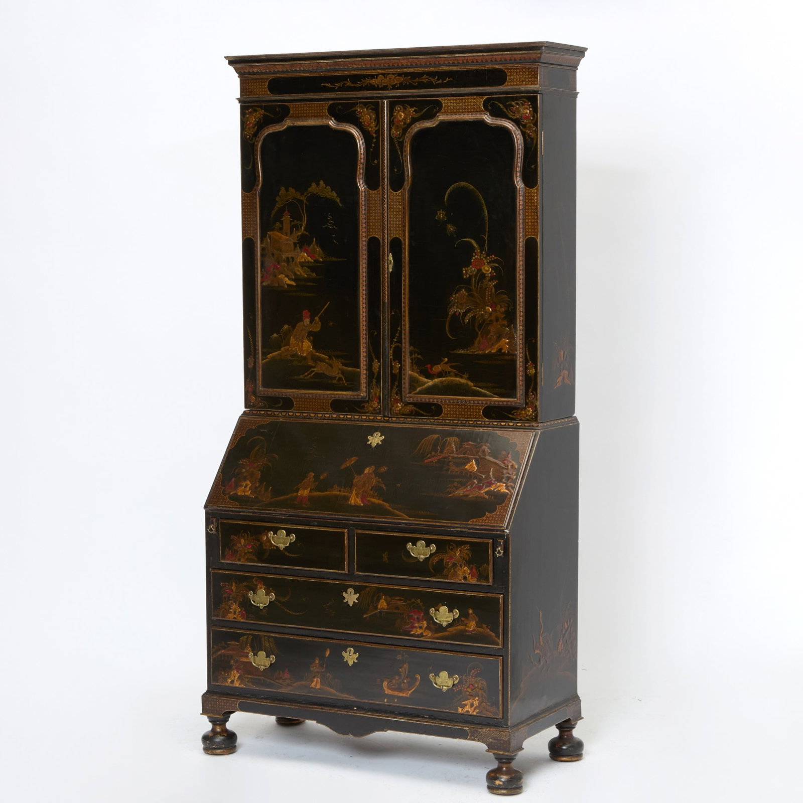 George I Style Parcel-Gilt Black and Red Lacquer Bureau Bookcase (1 of 6)