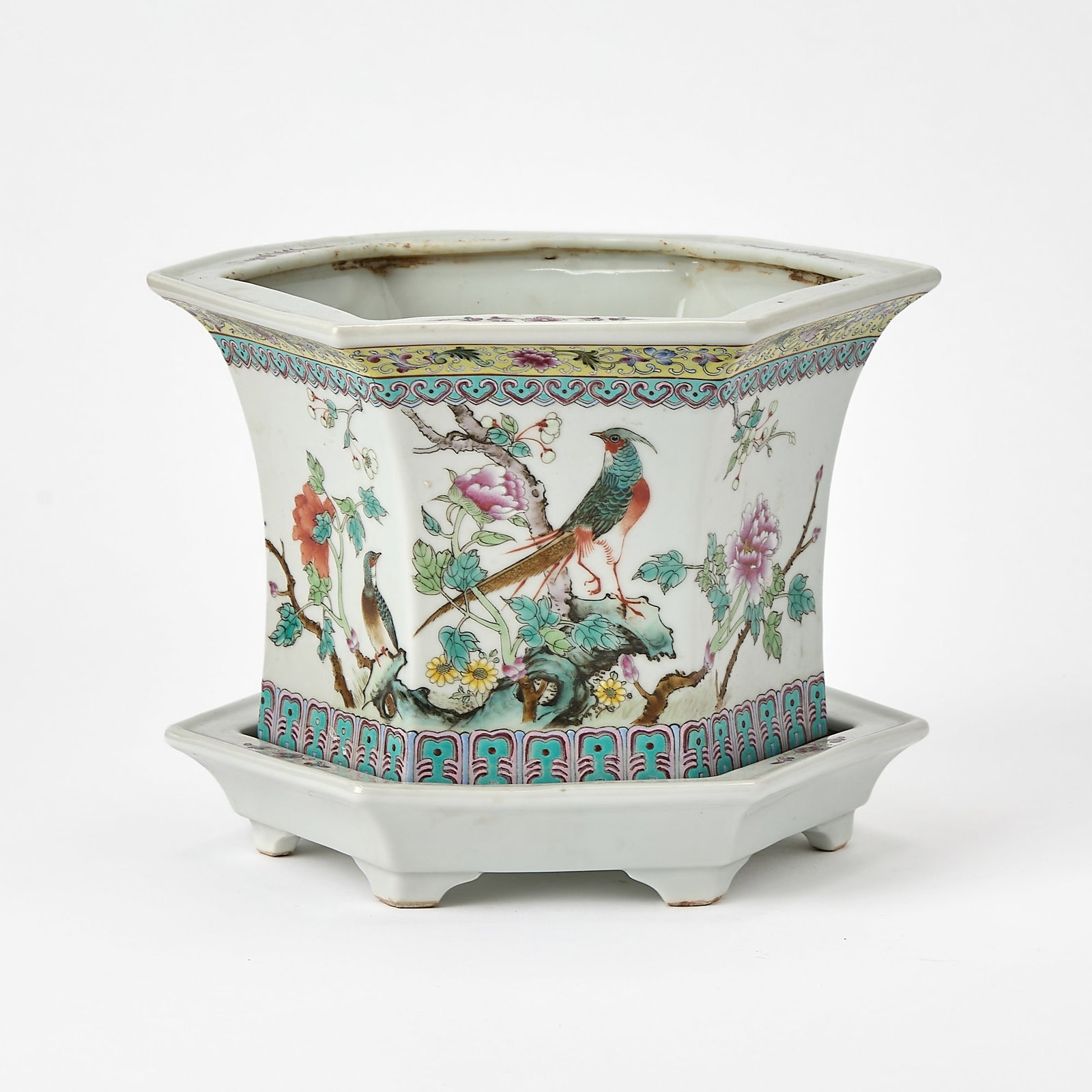 Chinese Enameled Porcelain Hexagonal Jardiniere and Underplate Late Qing Dynasty: Decorated with birds perched among blossoming branches, with an inscribed poem in Chinese. (Width 8 1/4 inches)