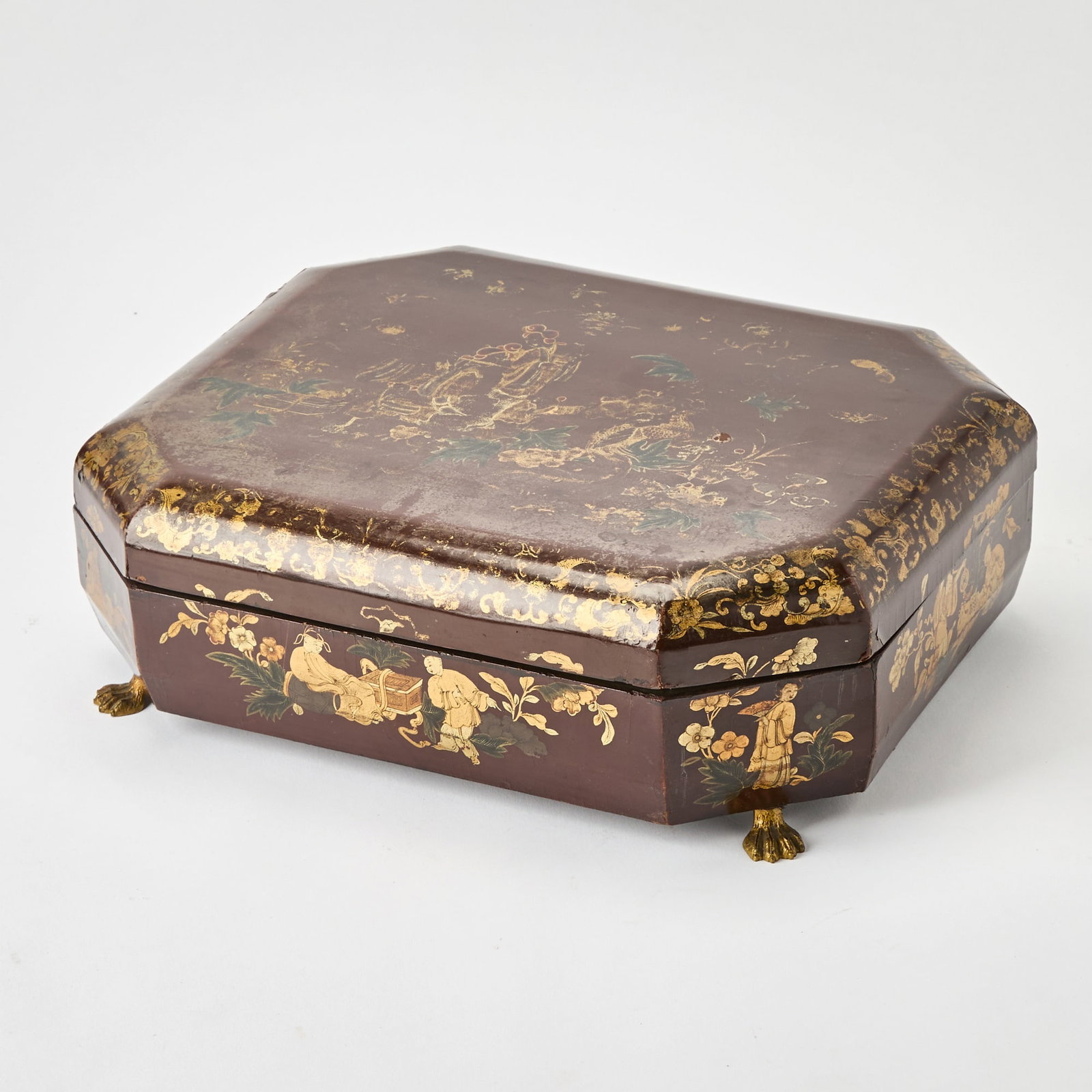Chinese Export Gilt Decorated Red Lacquer Box: Height 4 3/4 inches, width 15 inches, depth 12 1/2 inches. Rubbing and losses to finish.