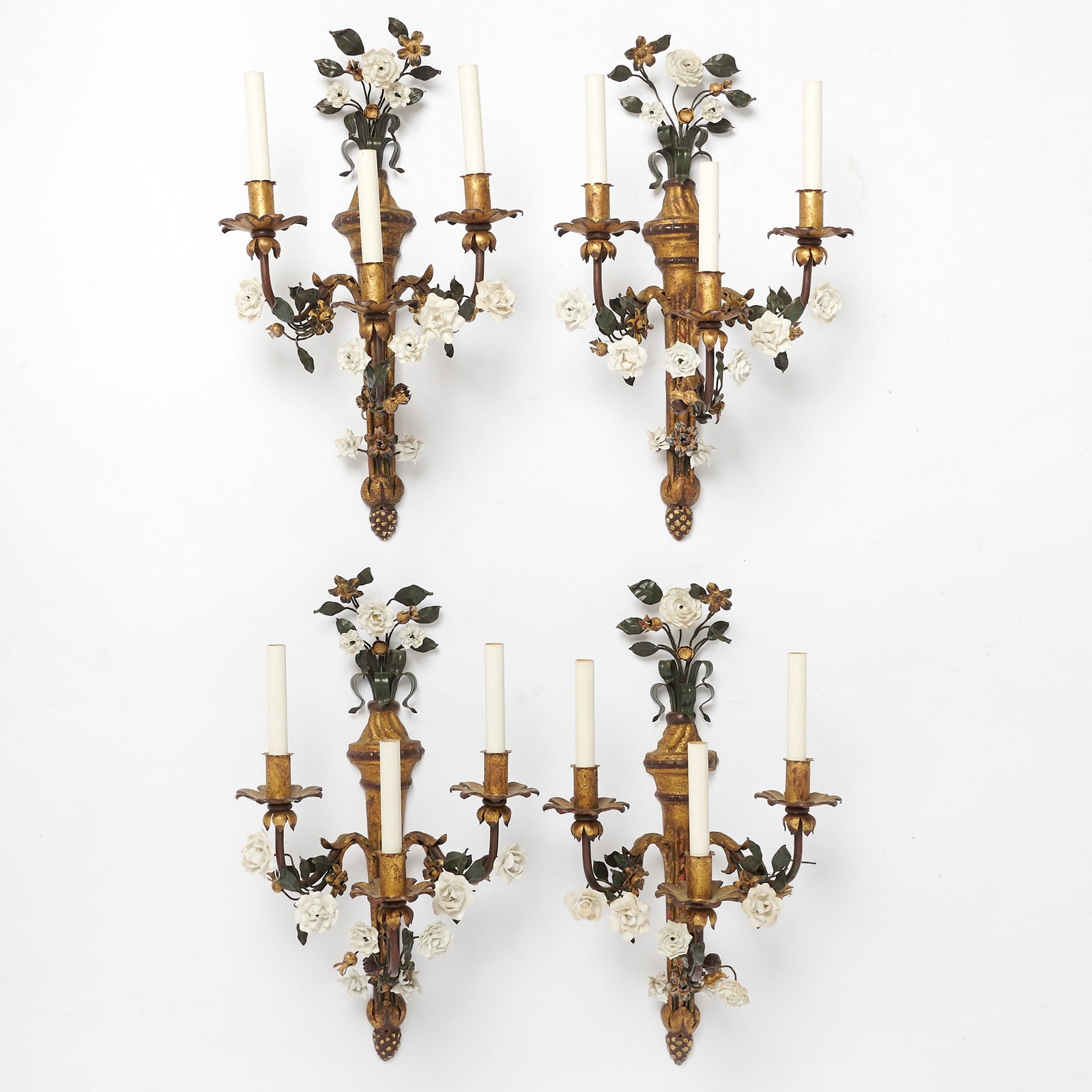 Set of Four Louis XVI Style Gilt-Metal Porcelain Mounted Three-Light Wall Lights (1 of 4)