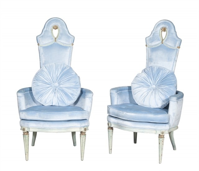 Pair of Hollywood Regency Style Painted Wood Tall-Back Armchairs: With round tufted pillows. Height 52 inches, width 29 inches, depth of seat 20 inches Overall good condition, chips and losses to painted elements. Please note Doyle does not guarantee the condition o