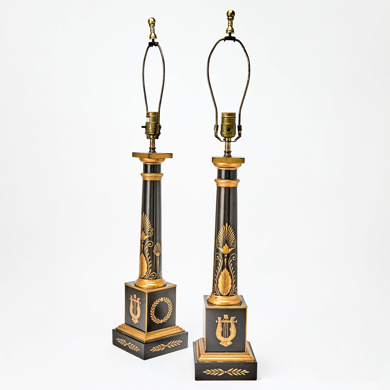 Pair of Empire Style Black Painted Parcel-Gilt Tôle Table Lamps (1 of 6)