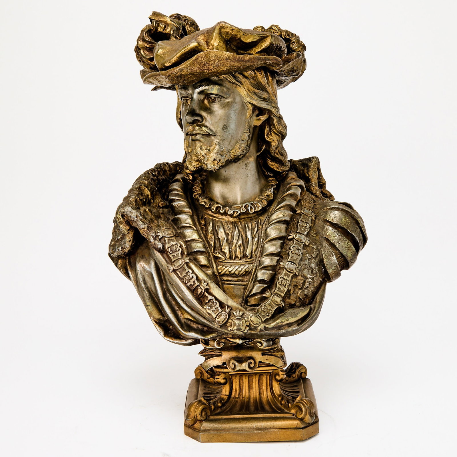Bronze Bust of Peter Paul Rubens: Height 24 inches, width 14 inches Hat detached, lacking screw, overall with rubbing.