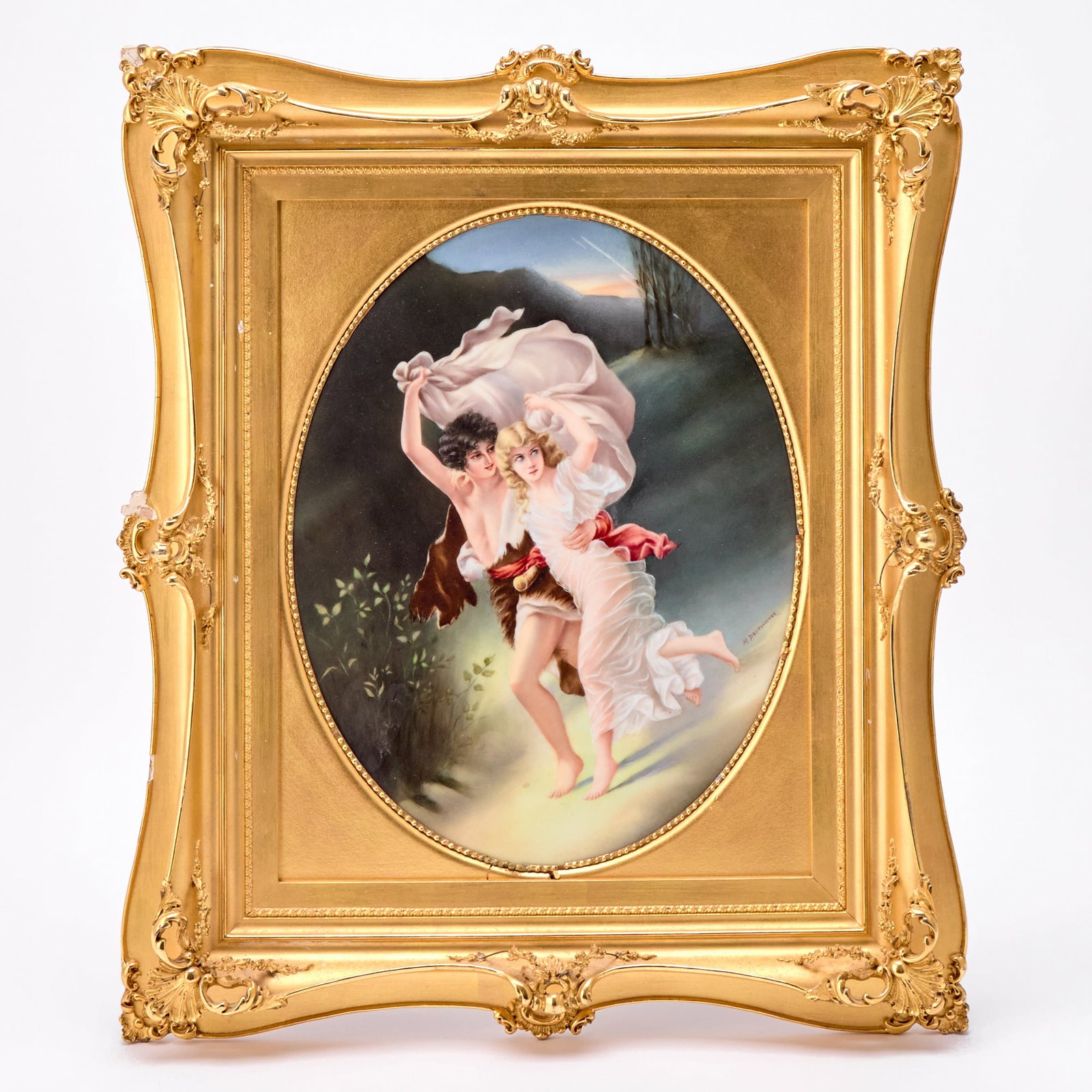 German Porcelain Plaque: The Storm: Signed M. Deidesheimer, after Pierre Auguste Cot, circa 1900 13 1/4 x 10 inches. Some losses to frame, please note Doyle does not guarantee the condition of picture frames.