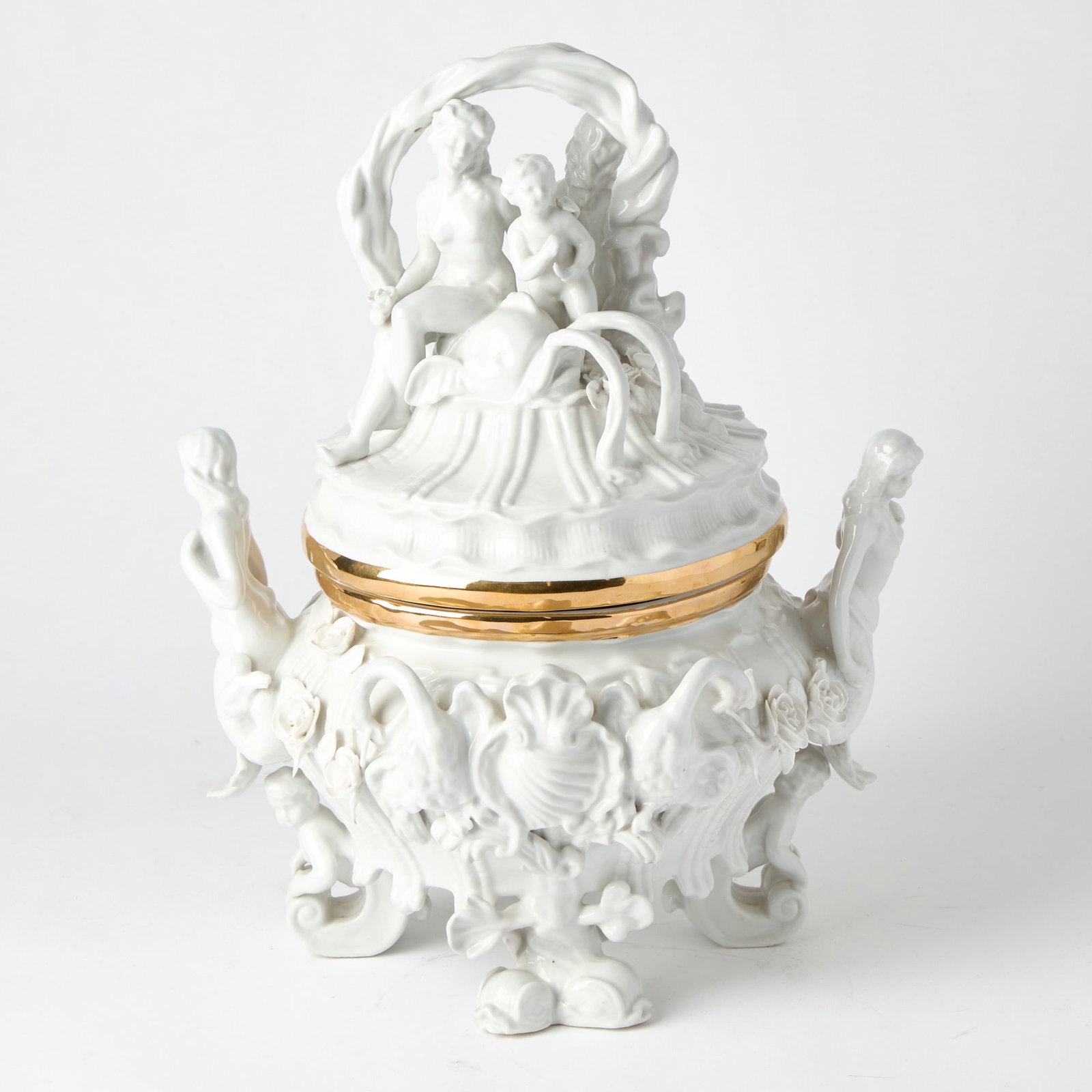 Rauenstein Style Porcelain Covered Jar: Height 17 inches, width over handles 15 1/2 inches