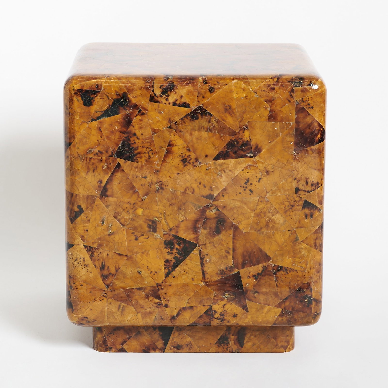 Karl Springer Style Tesselated Pen Shell Occasional Table: Height 18 1/4 inches, width 15 3/4 inches square